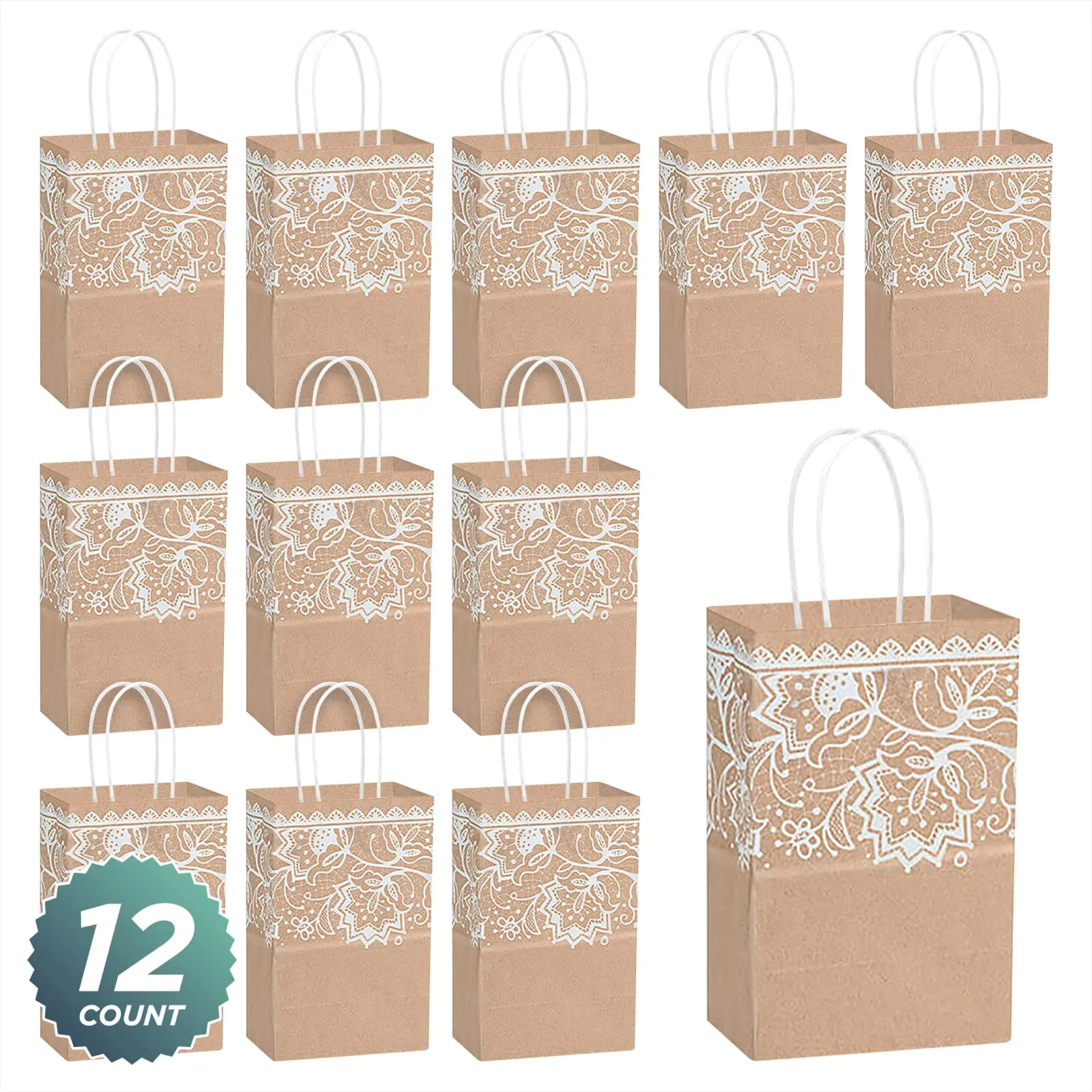 Kraft Brown and Lace Print Paper Gift Bags and Party Favor Bags, Small 5.25x3.5x8.25" (12 Pack)