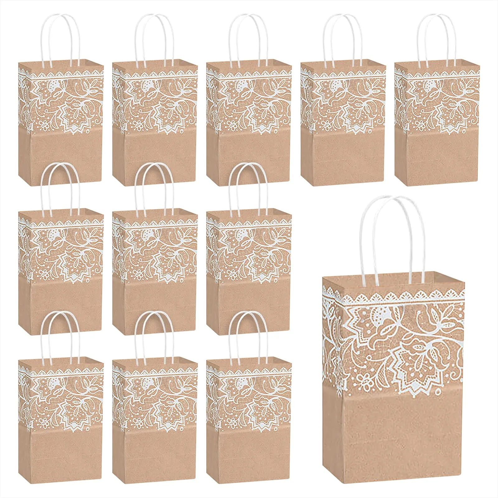 Kraft Brown and Lace Print Paper Gift Bags and Party Favor Bags, Small 5.25x3.5x8.25" (12 Pack)