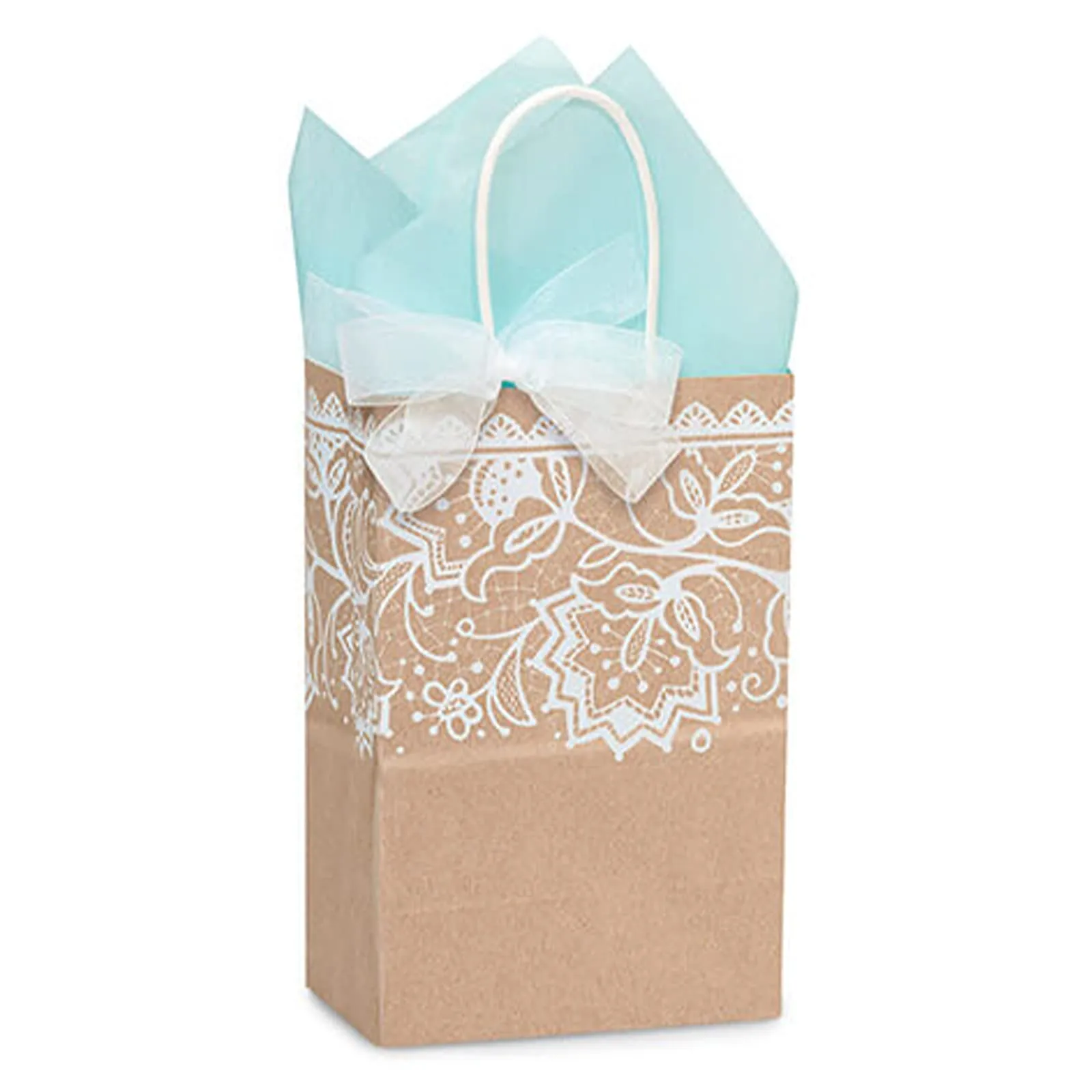 Kraft Brown and Lace Print Paper Gift Bags and Party Favor Bags, Small 5.25x3.5x8.25" (12 Pack)