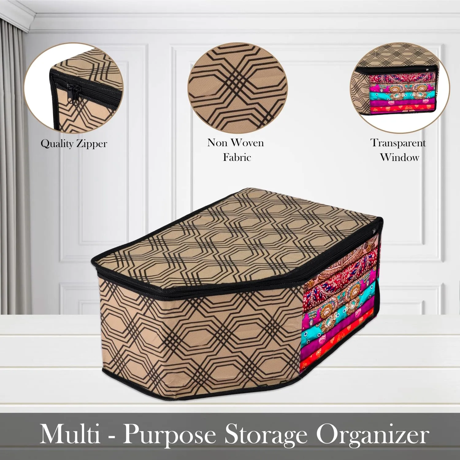 Kuber Industries Blouse Cover | Clothes Storage Bag | Zipper Wardrobe Organizers | Non-Woven Clothes Organiser | Side Transparent Blouse Organizer | Honeycomb-Design | Pack of 3 | Coffee