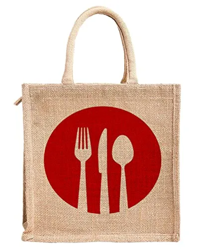 Kuber Industries Fork Knife Print Jute Reusable Eco-Friendly Hand Bag/Grocery Bag For Man, Woman With Handle (Red) 54KM4357