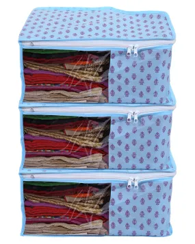 Kuber Industries Non-Woven Floral Print Foldable Blouse Cover|Clothes Organizer For Home & Traveling With Front Window Extra Large Pack of 3 (Sky Blue)