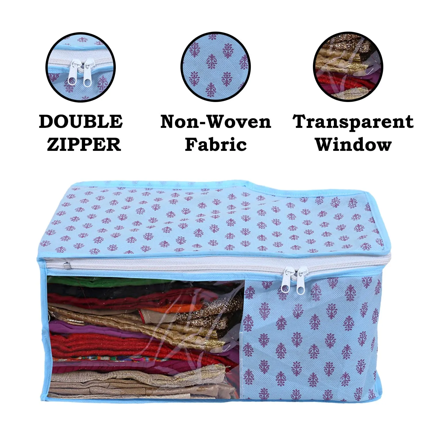 Kuber Industries Non-Woven Floral Print Foldable Blouse Cover|Clothes Organizer For Home & Traveling With Front Window Extra Large Pack of 3 (Sky Blue)