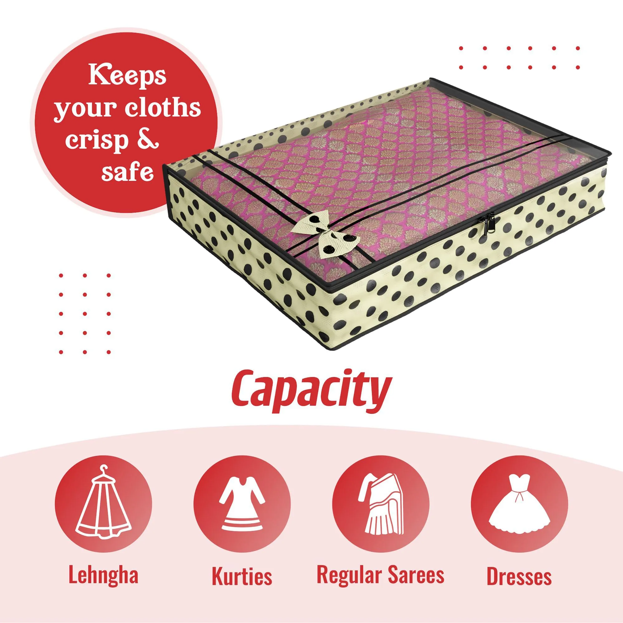 Kuber Industries Saree Cover | Clothes Storage Bag | Suit Packing Cover | Cloth Stoarge Organizer | Wardrobe Cloth Storage Organiser with Zip | Dot Bow-Design | 3 Inch | Pack of 9 | Cream