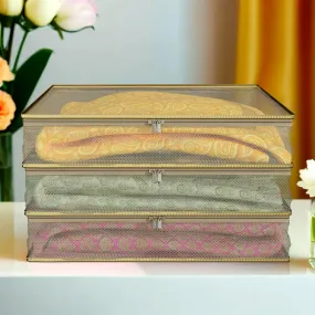 Kuber Industries Saree Cover | Clothes Storage Bag | Suit Packing Cover | Cloth Storage Organizer | Wardrobe Cloth Storage Organiser with Zip | Mesh Transparent | 3 Inch | Pack of 3 | Gold