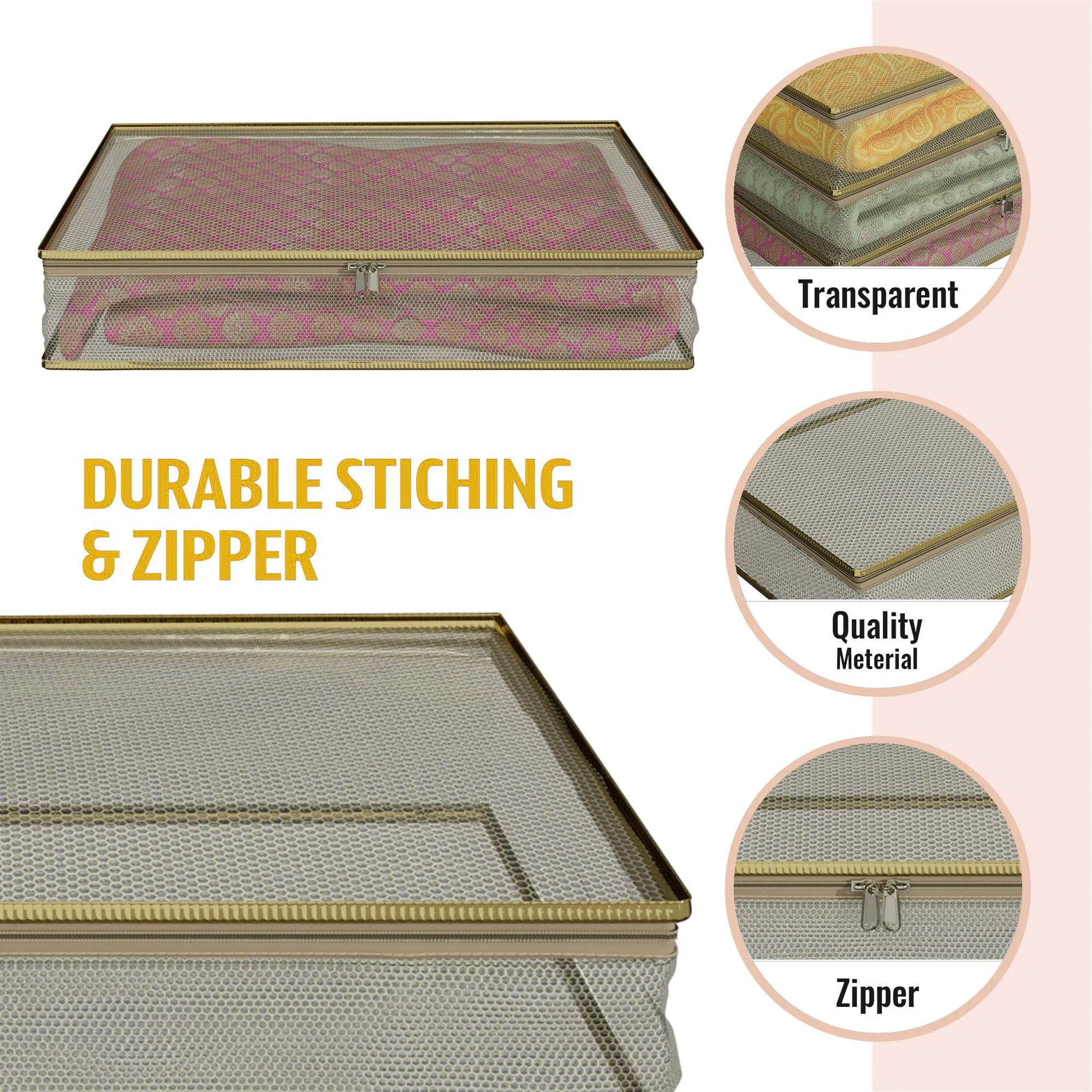 Kuber Industries Saree Cover | Clothes Storage Bag | Suit Packing Cover | Cloth Storage Organizer | Wardrobe Cloth Storage Organiser with Zip | Mesh Transparent | 3 Inch | Pack of 3 | Gold