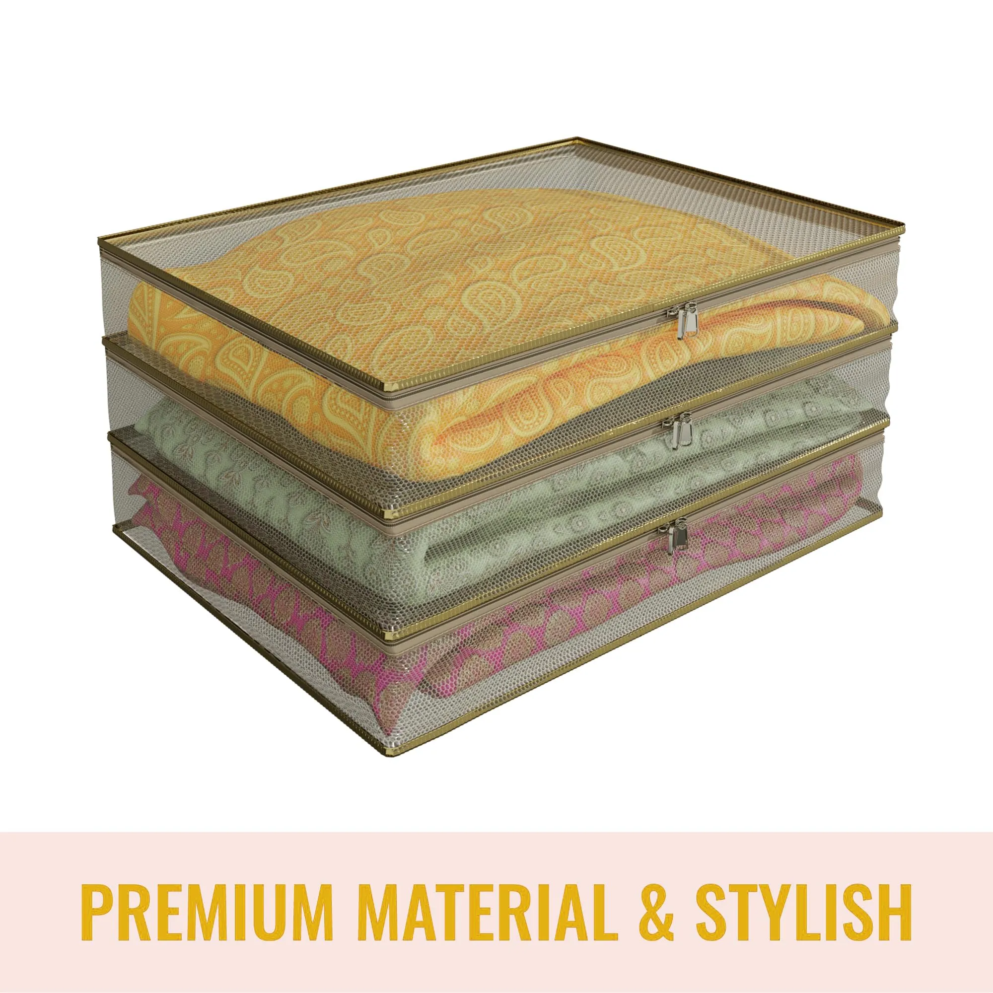 Kuber Industries Saree Cover | Clothes Storage Bag | Suit Packing Cover | Cloth Storage Organizer | Wardrobe Cloth Storage Organiser with Zip | Mesh Transparent | 3 Inch | Pack of 3 | Gold