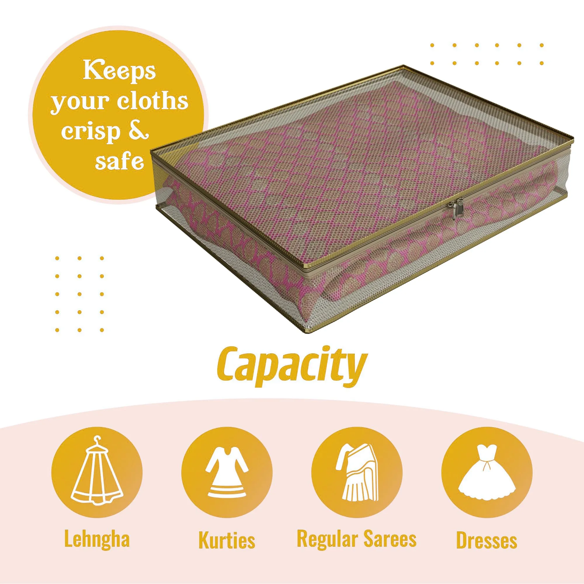 Kuber Industries Saree Cover | Clothes Storage Bag | Suit Packing Cover | Cloth Storage Organizer | Wardrobe Cloth Storage Organiser with Zip | Mesh Transparent | 3 Inch | Pack of 3 | Gold