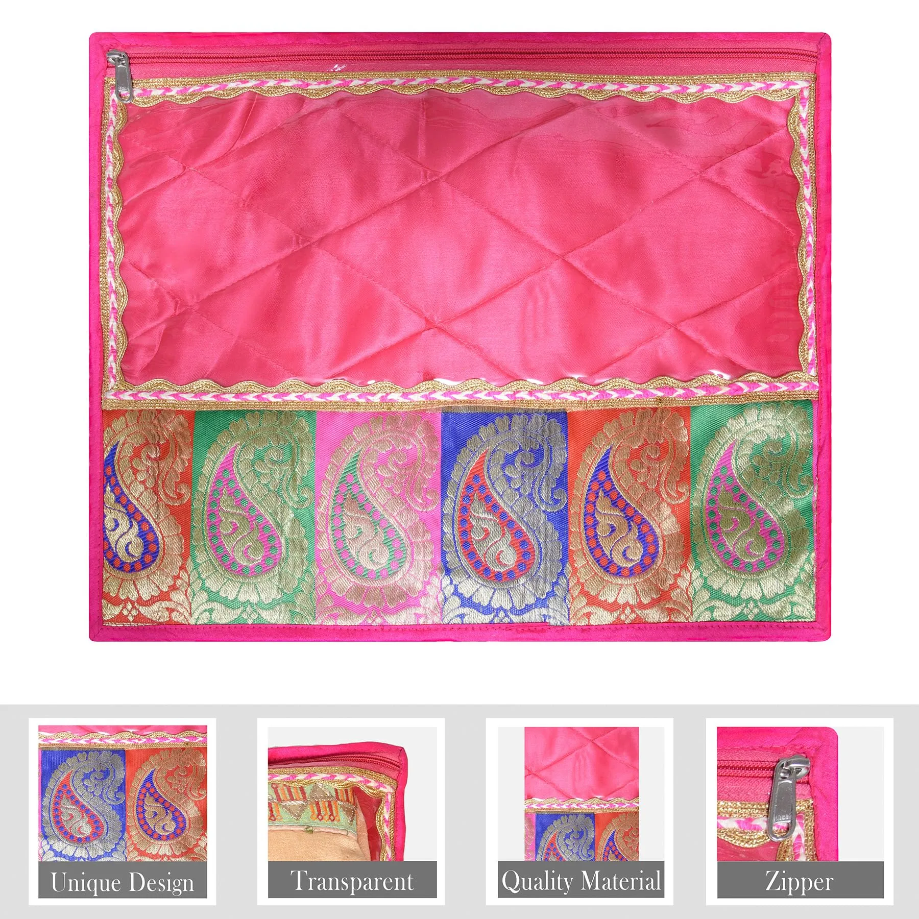 Kuber Industries Saree Cover | Zipper Closure Single Packing Saree Bag | Clothes Saree Stoarge Organizer | Wardrobe Organizer with Handle | Transparent View Packing Saree Cover | Pack of 6 | Pink