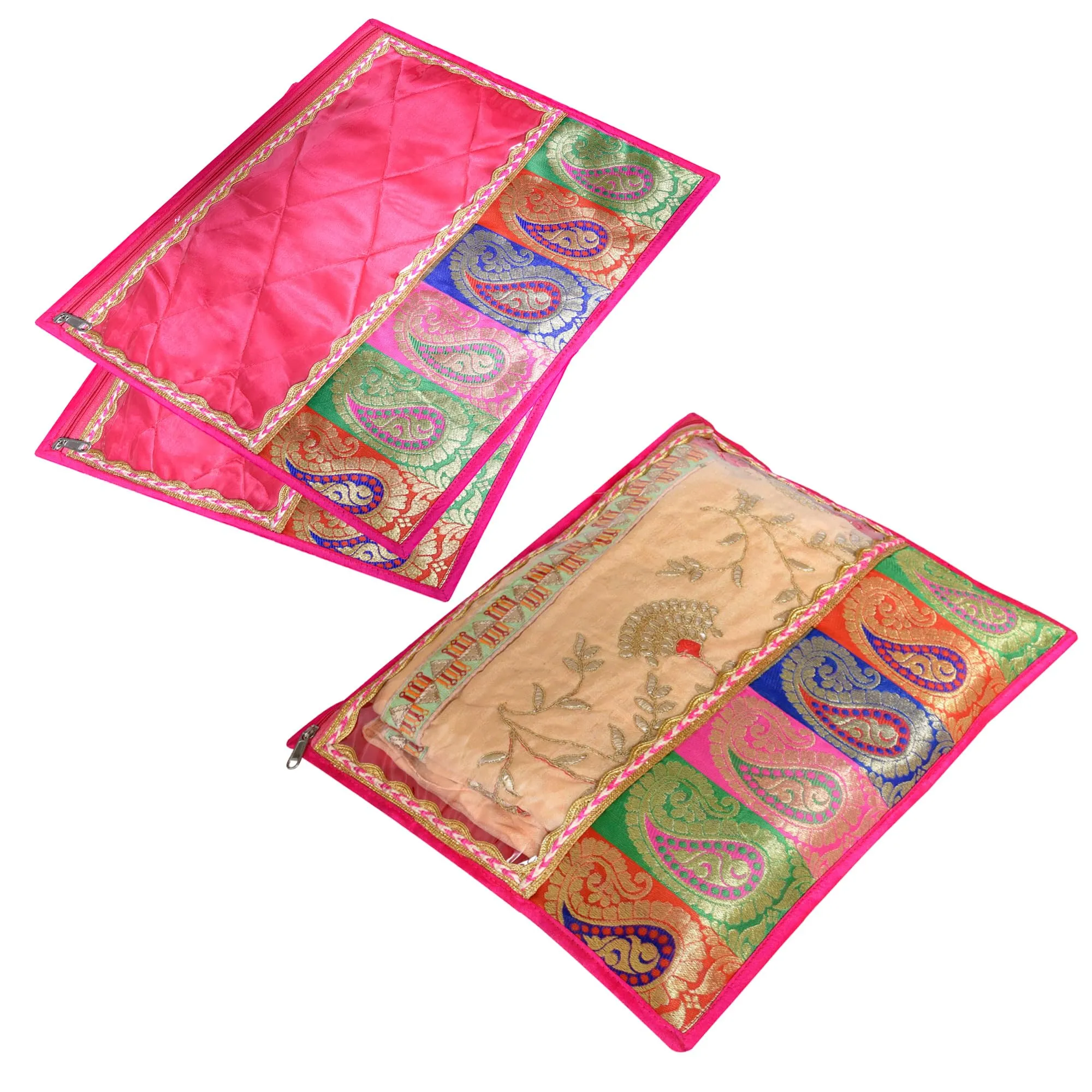 Kuber Industries Saree Cover | Zipper Closure Single Packing Saree Bag | Clothes Saree Stoarge Organizer | Wardrobe Organizer with Handle | Transparent View Packing Saree Cover | Pack of 6 | Pink