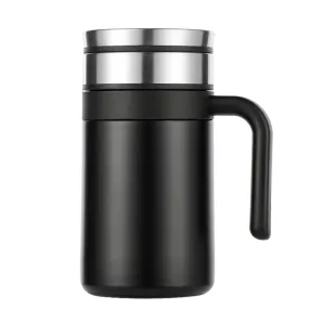 Kuber Industries Vacuum Insulated Hot & Cold Beverages Tea/Coffee Tumbler Mug with Lid & Handle for Office, Gym & Travel | Stainless Steel Leak-Proof Thermos for Coffee & Water | Black