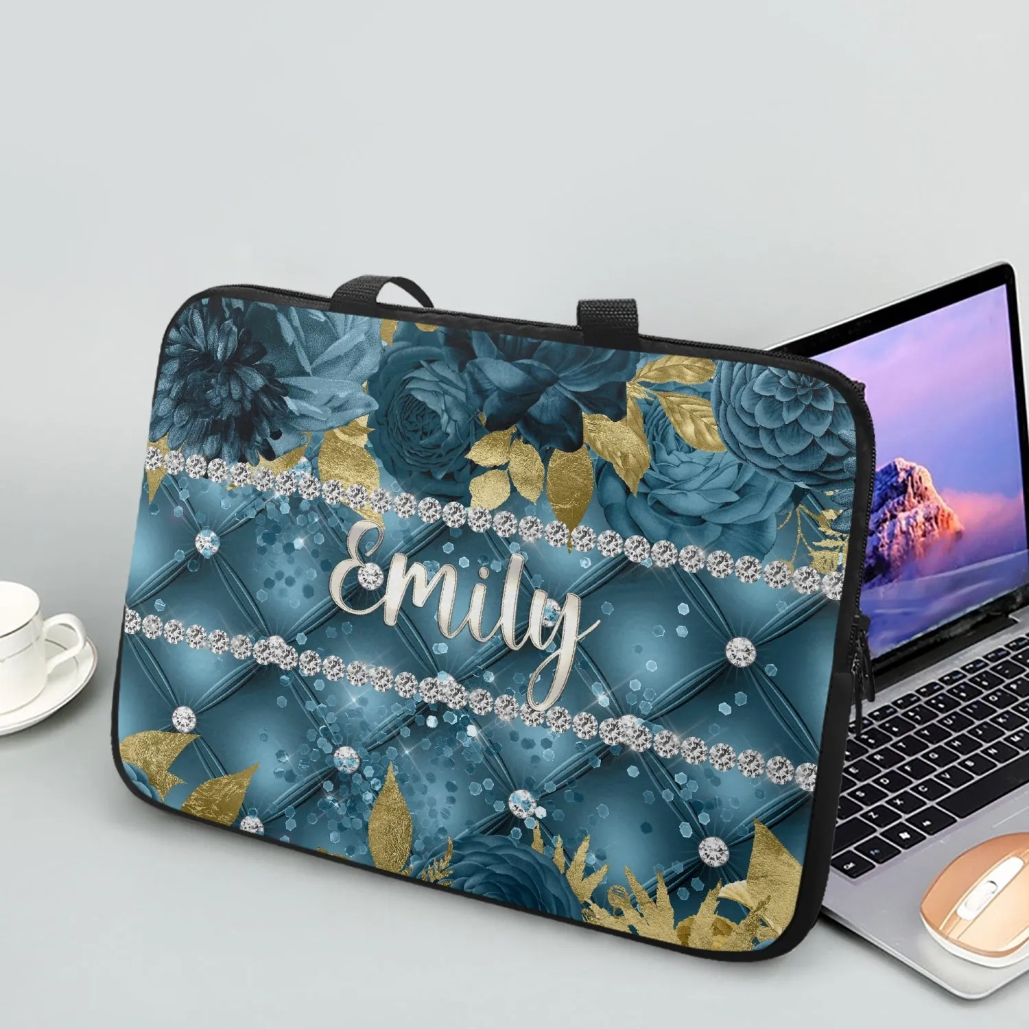 Laptop Sleeve with handle - Teal Floral - Personalised