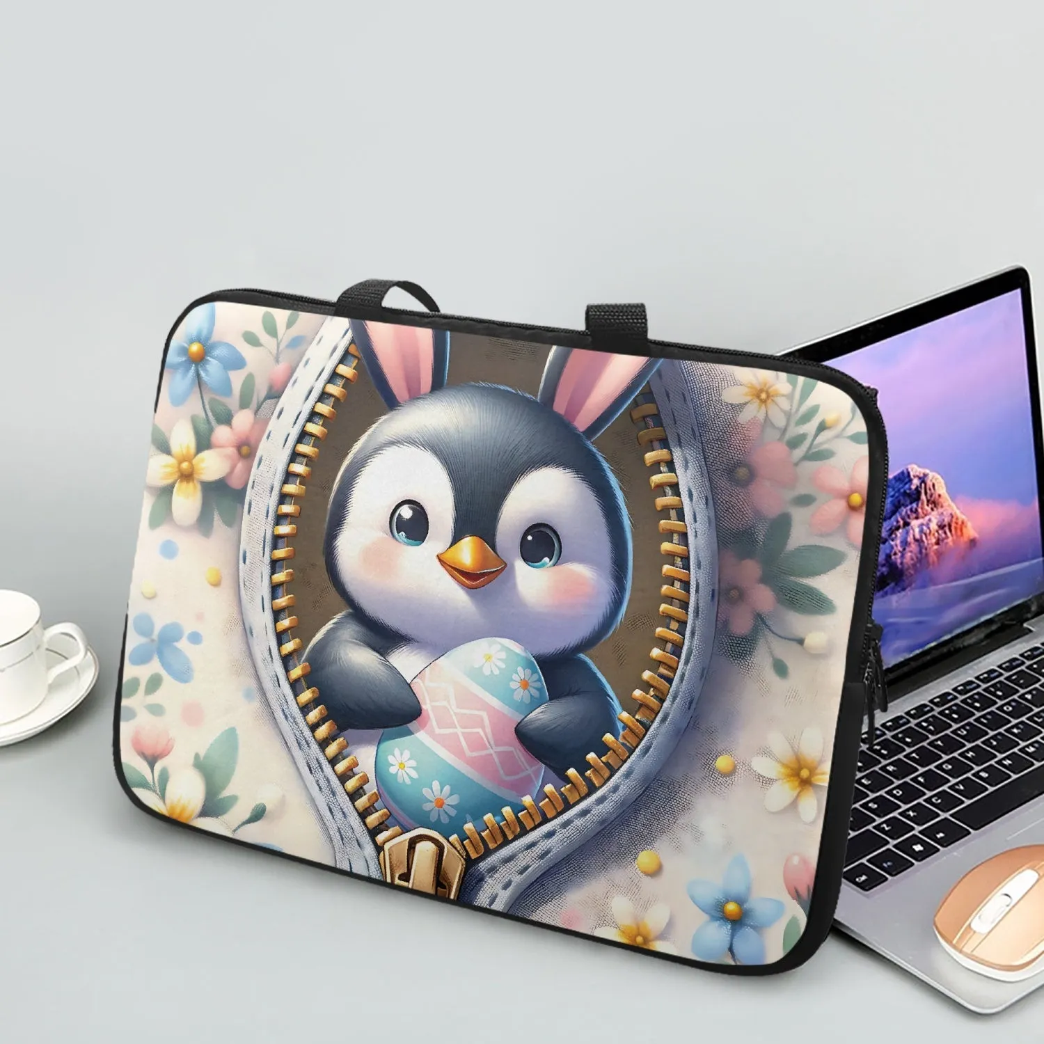 Laptop Sleeve with handles - Easter - Penguin with Bunny Ears