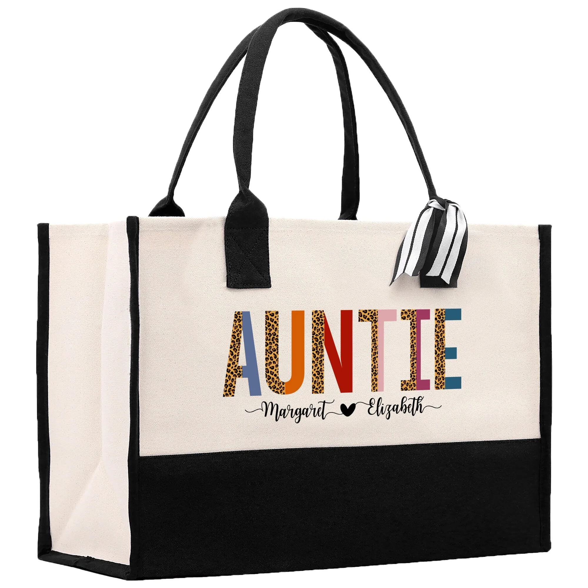 Leopard Colorful Auntie Custom Names Cotton Canvas Tote Bag Birthday Gift For Auntie Bag with Frosted Can Glass Set Option