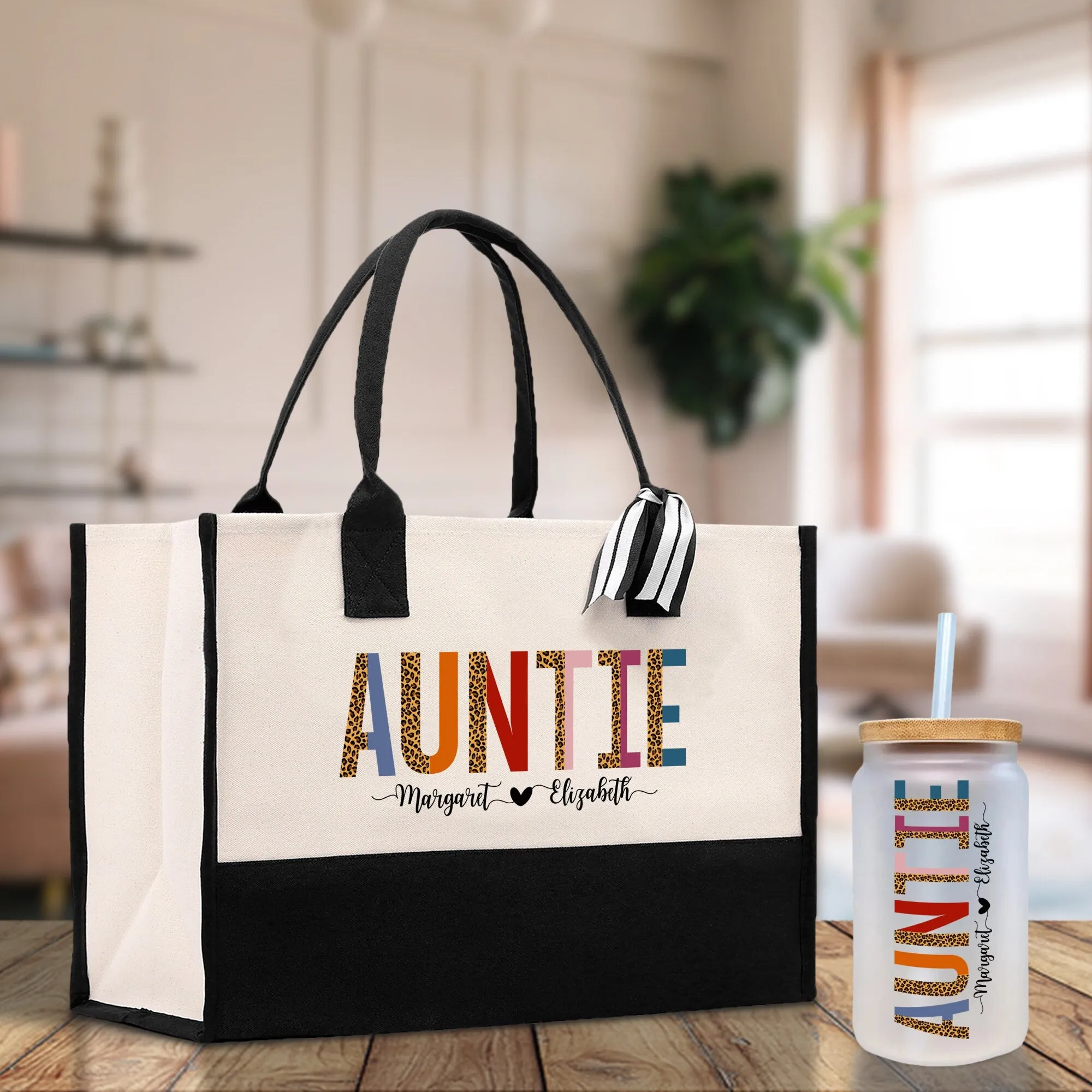 Leopard Colorful Auntie Custom Names Cotton Canvas Tote Bag Birthday Gift For Auntie Bag with Frosted Can Glass Set Option