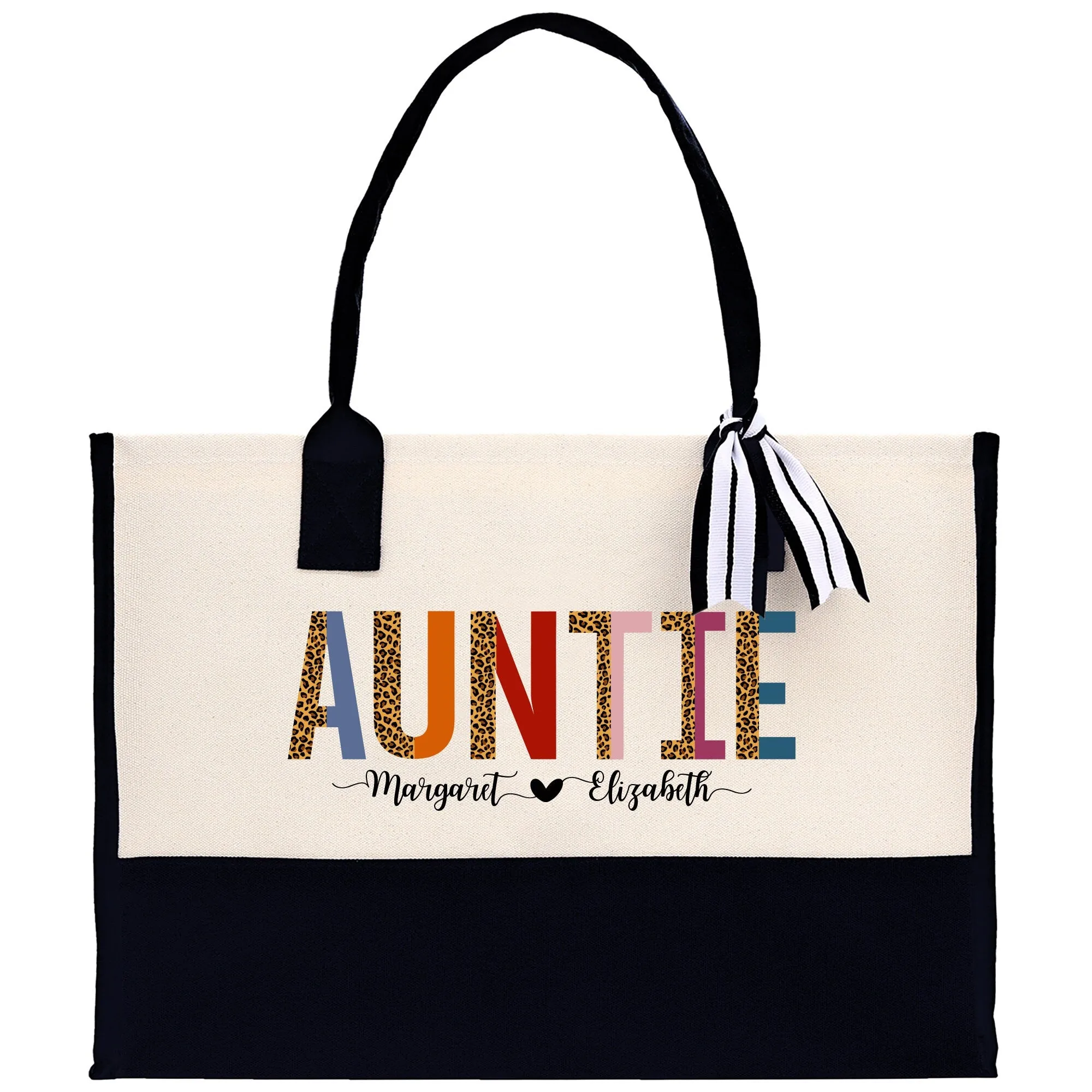 Leopard Colorful Auntie Custom Names Cotton Canvas Tote Bag Birthday Gift For Auntie Bag with Frosted Can Glass Set Option