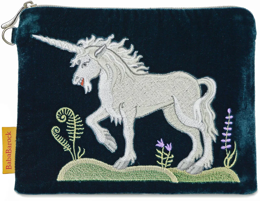 Medieval Unicorn - silk velvet embroidered wristlet. Teal.