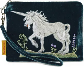 Medieval Unicorn - silk velvet embroidered wristlet. Teal.