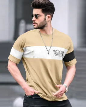 Men Beige Striped Half Sleeve Round Neck T-shirt