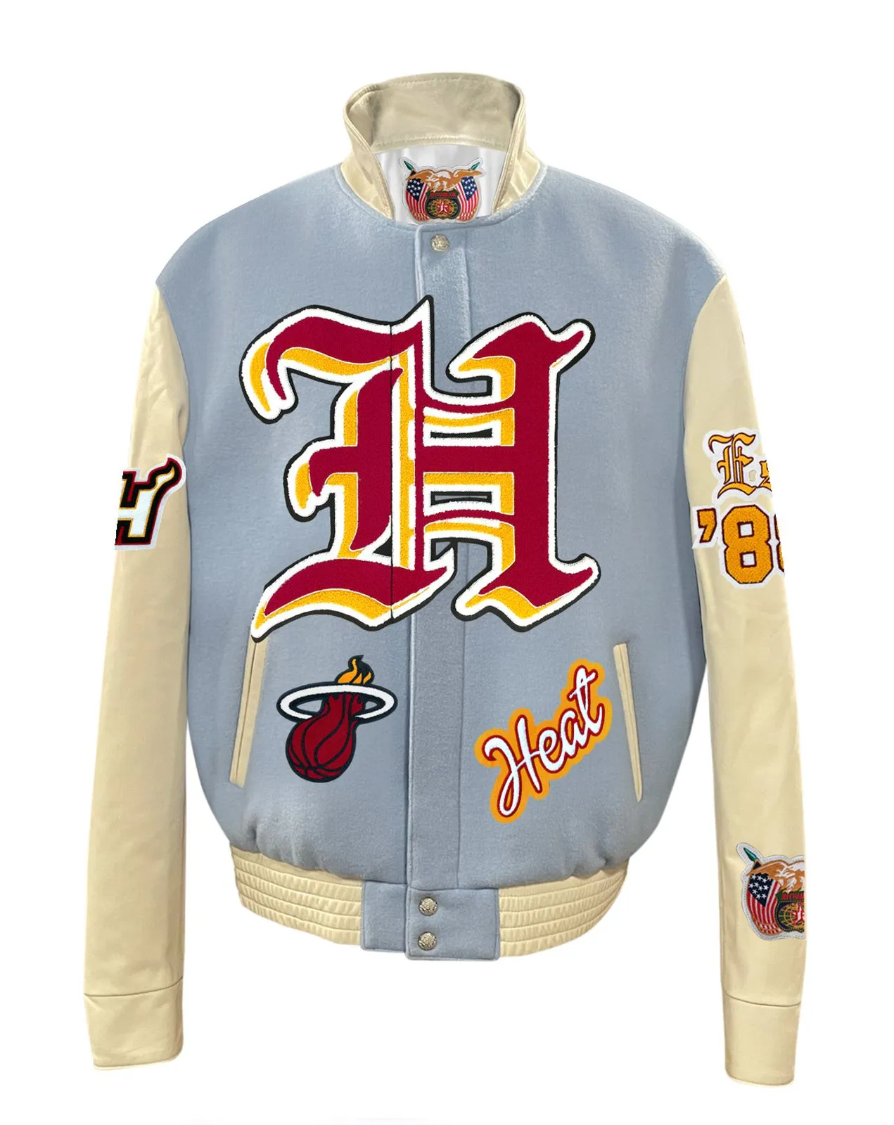 MIAMI HEAT WOOL & LEATHER OLD ENGLISH VARSITY JACKET Baby Blue