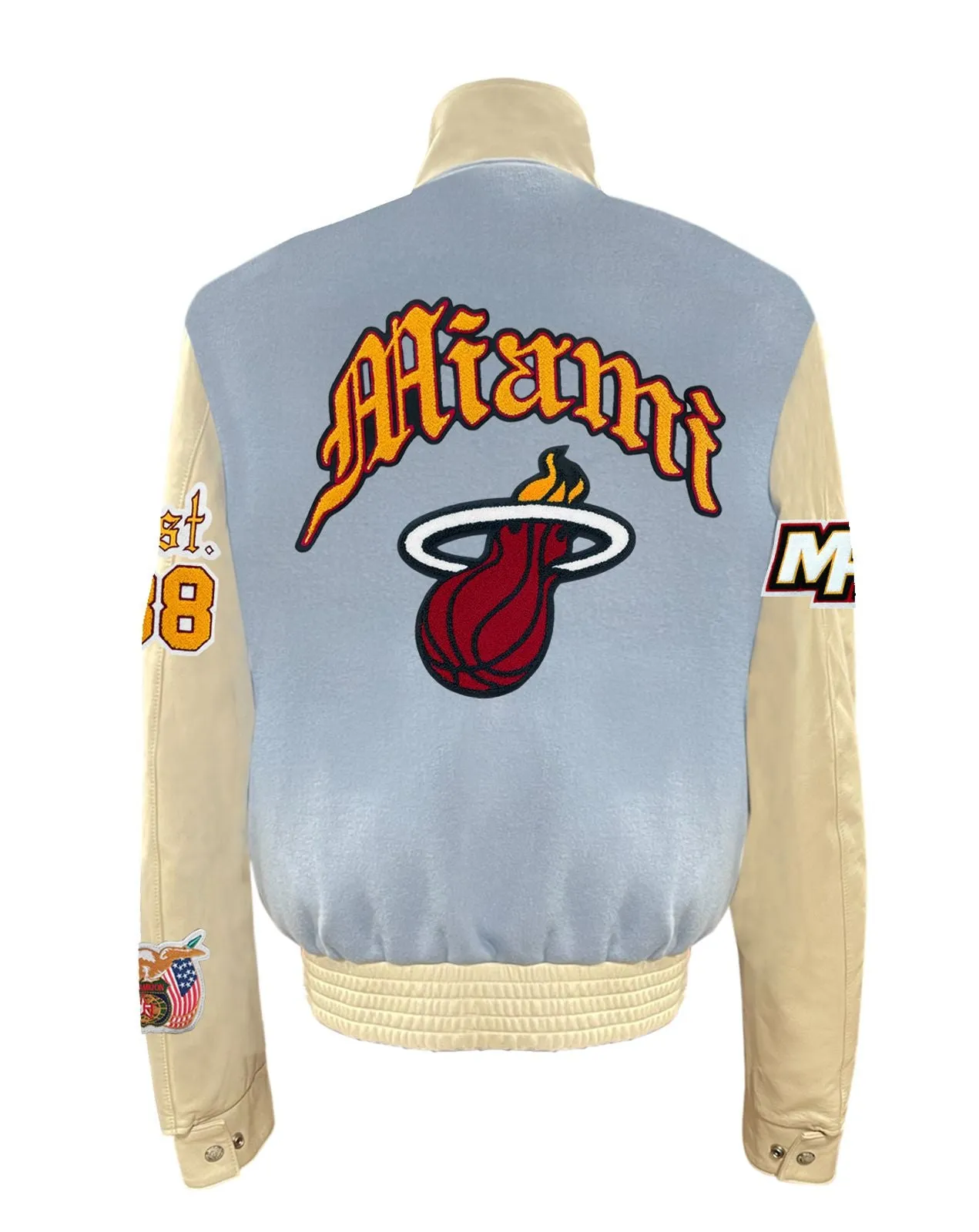 MIAMI HEAT WOOL & LEATHER OLD ENGLISH VARSITY JACKET Baby Blue