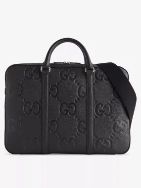 Monogram-embossed leather briefcase