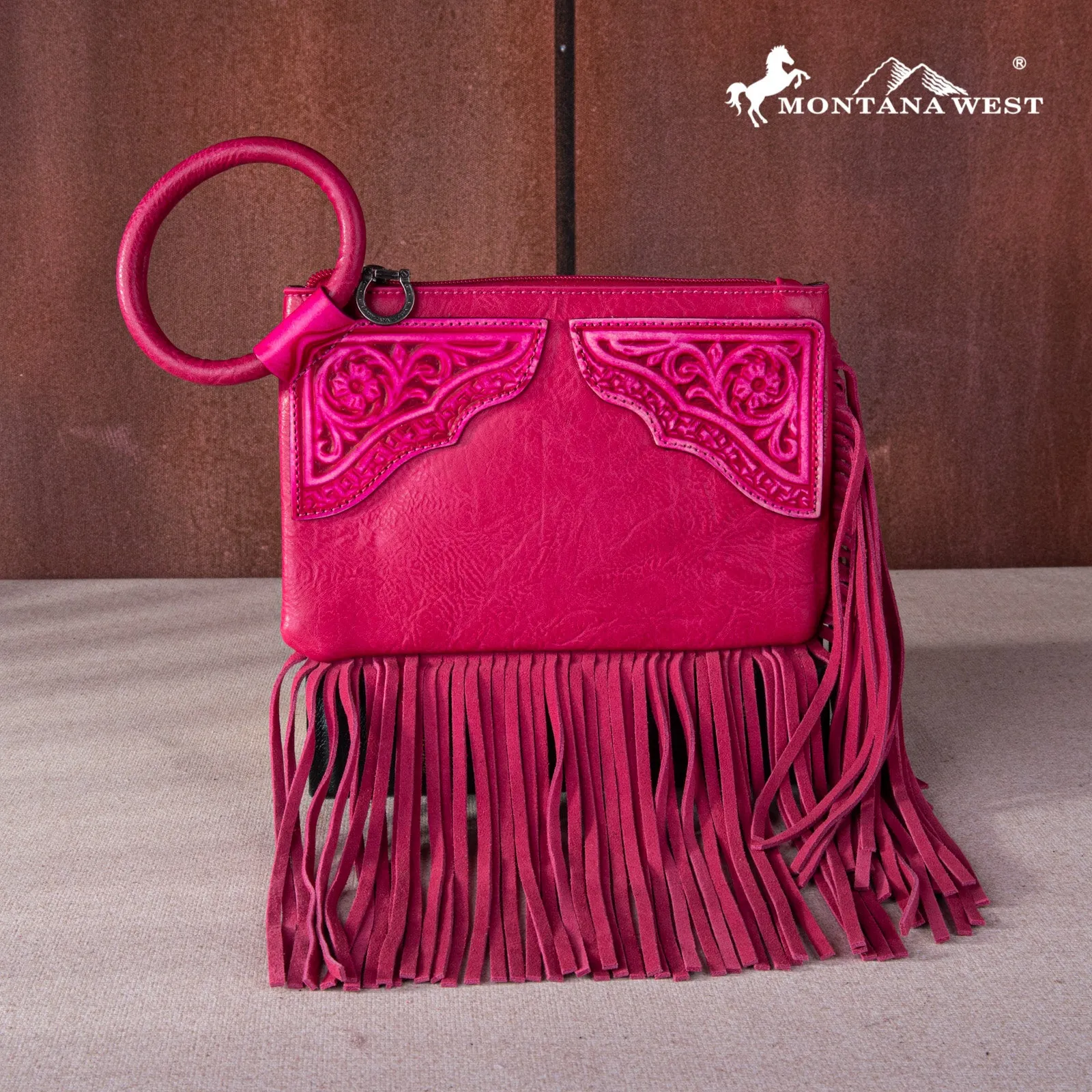 MW1262-A181 Montana West Floral Tooled Fringe Ring Handle Wristlet Clutch Bag