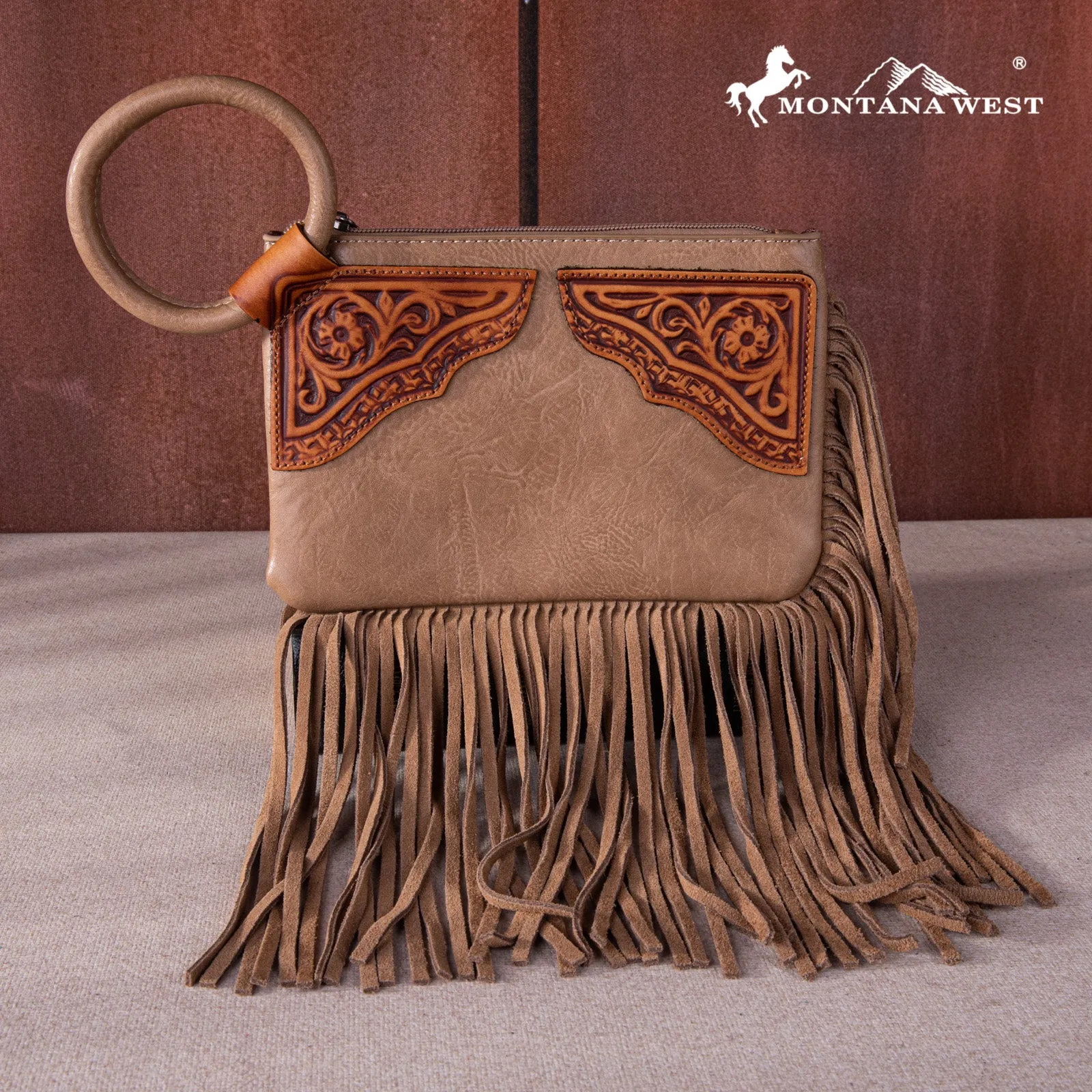 MW1262-A181 Montana West Floral Tooled Fringe Ring Handle Wristlet Clutch Bag