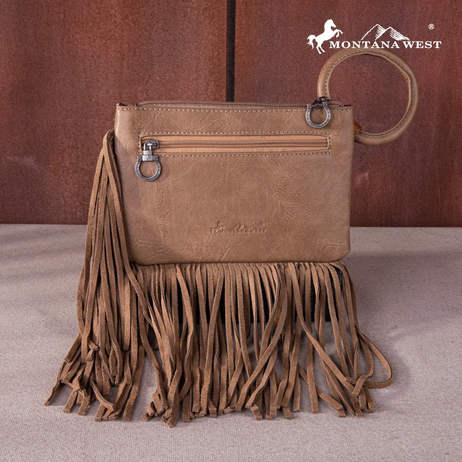 MW1262-A181 Montana West Floral Tooled Fringe Ring Handle Wristlet Clutch Bag