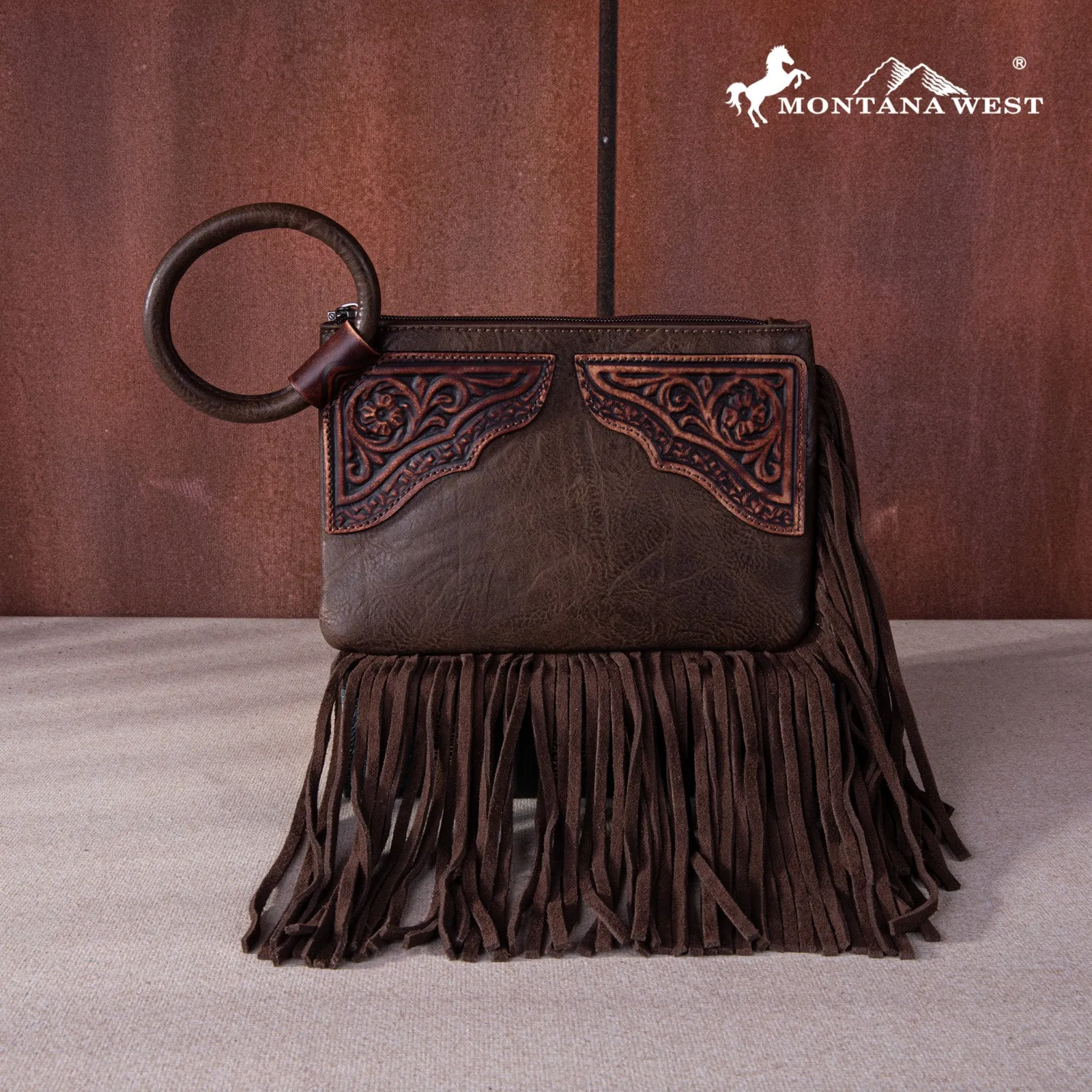 MW1262-A181 Montana West Floral Tooled Fringe Ring Handle Wristlet Clutch Bag