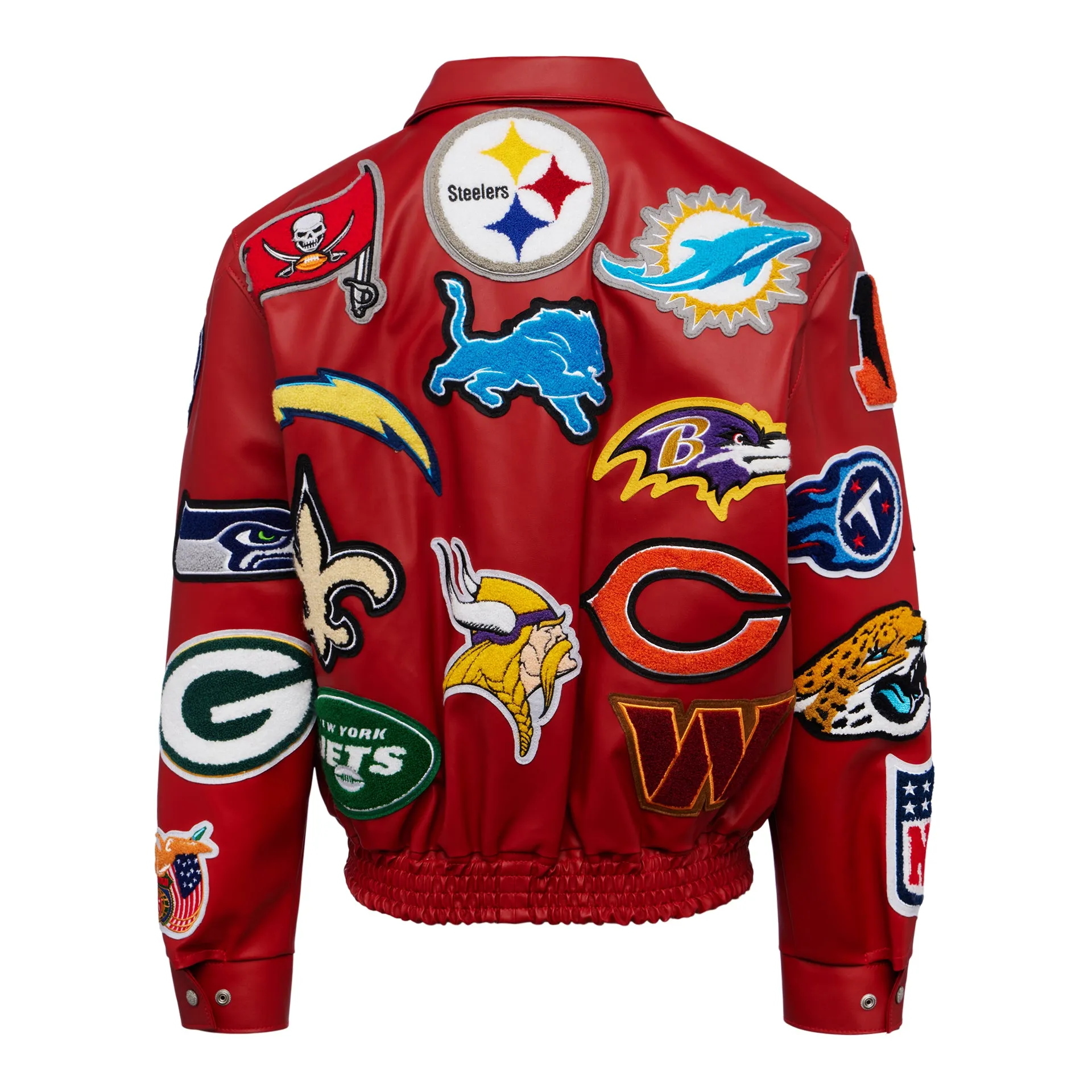 NFL COLLAGE VEGAN LEATHER JACKET Red