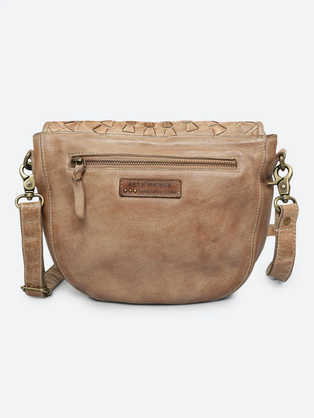 Onyx: Bohemian Mandala Leather Bag In Sand Color