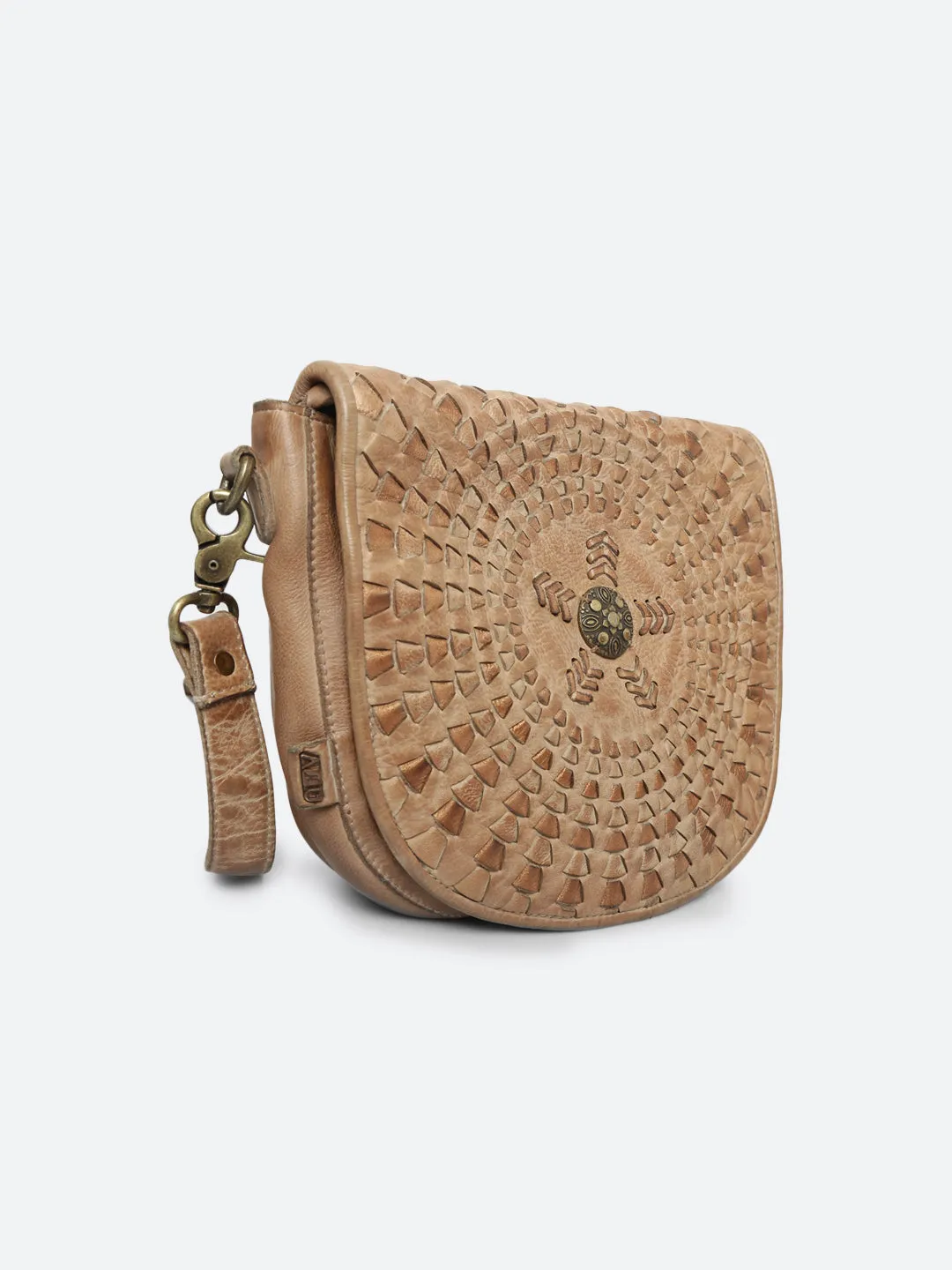 Onyx: Bohemian Mandala Leather Bag In Sand Color