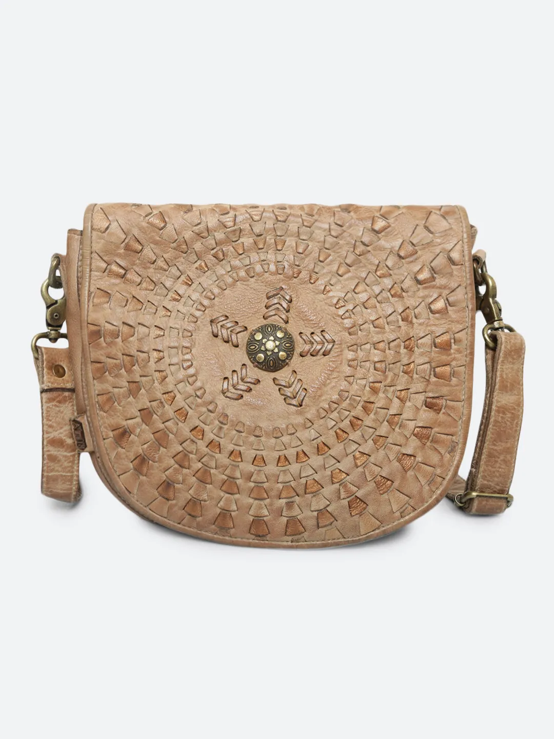 Onyx: Bohemian Mandala Leather Bag In Sand Color