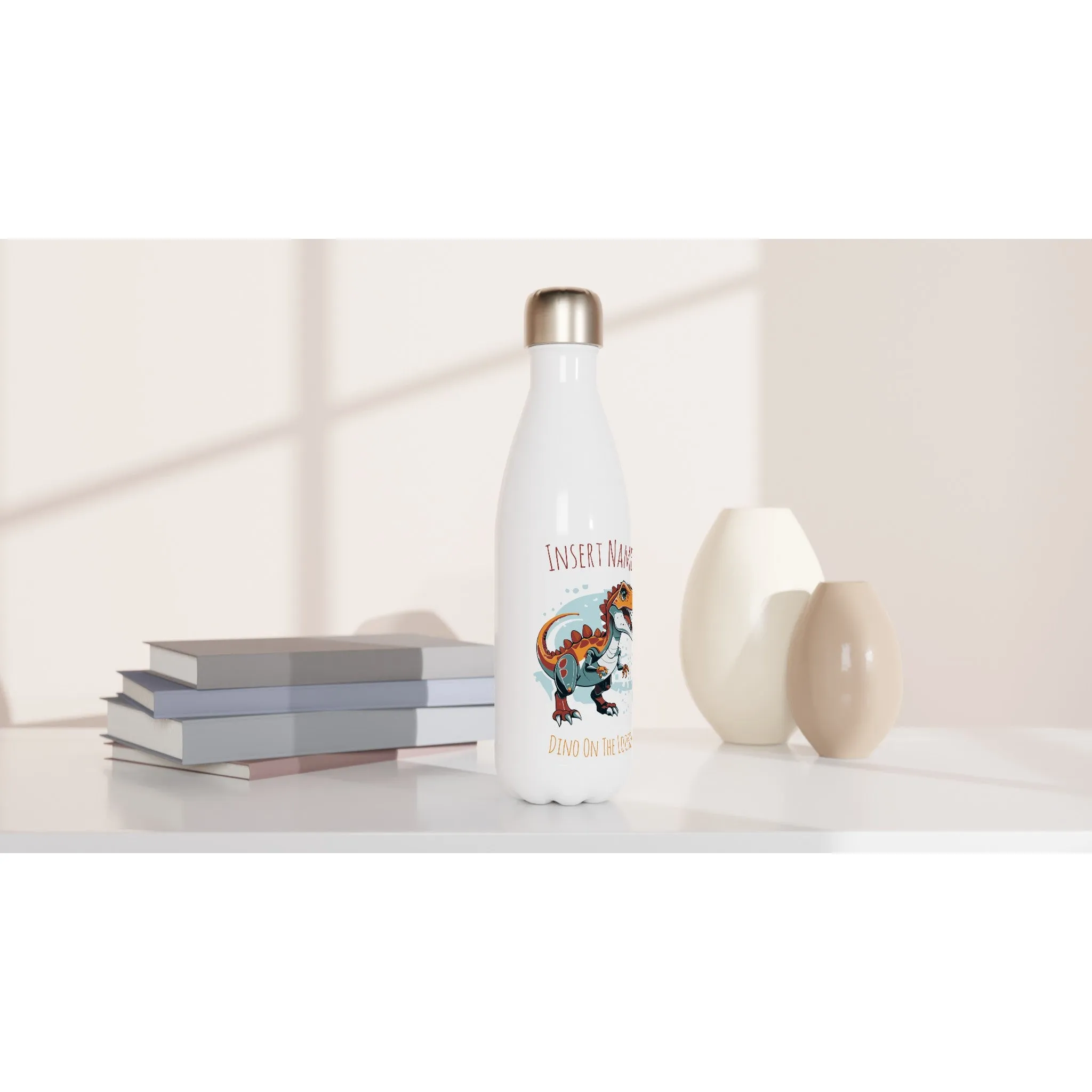 Personalisable White 17oz Stainless Steel Water Bottle - Robo T-Rex