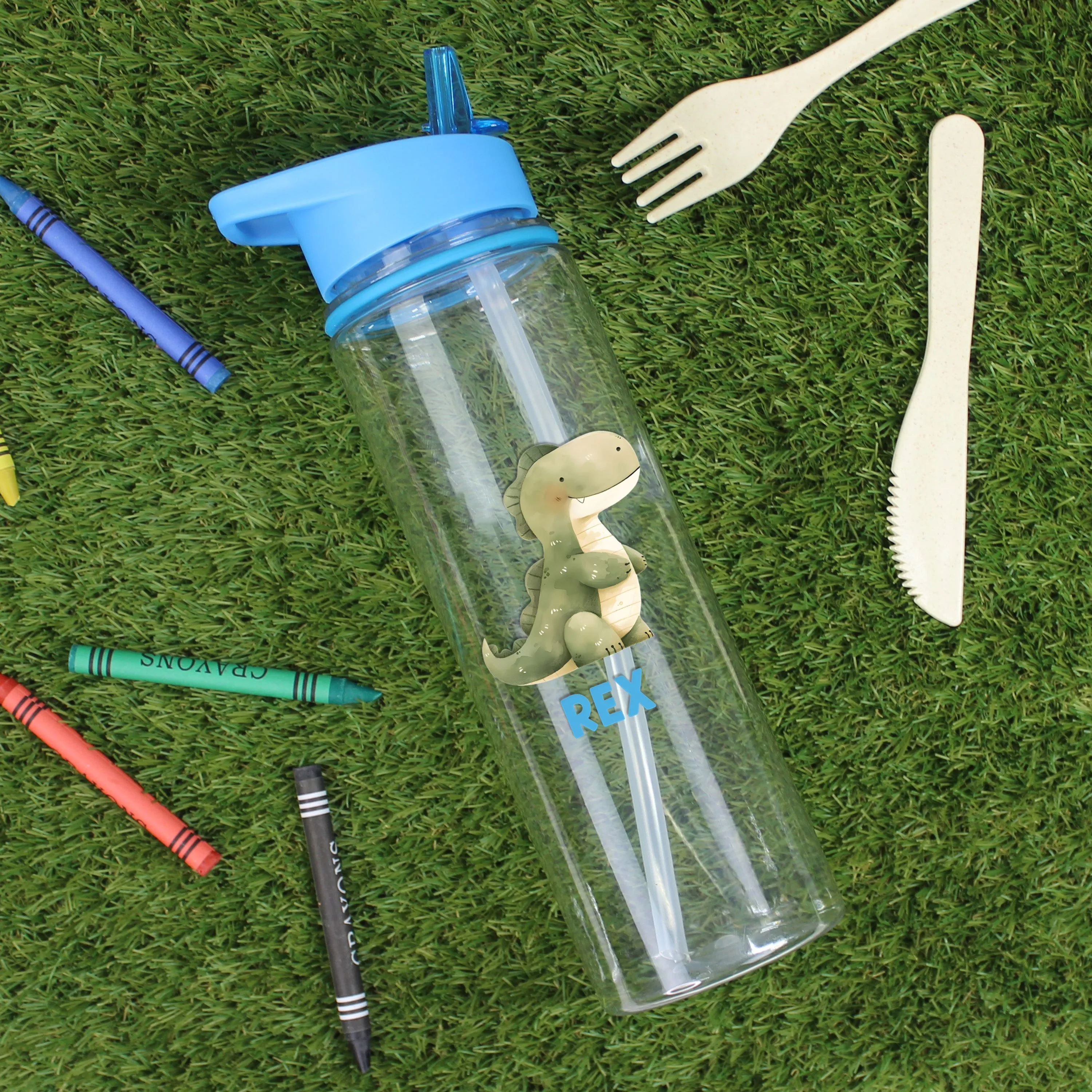 Personalised Children's Dinosaur Flip Straw Water Bottle, 725ml