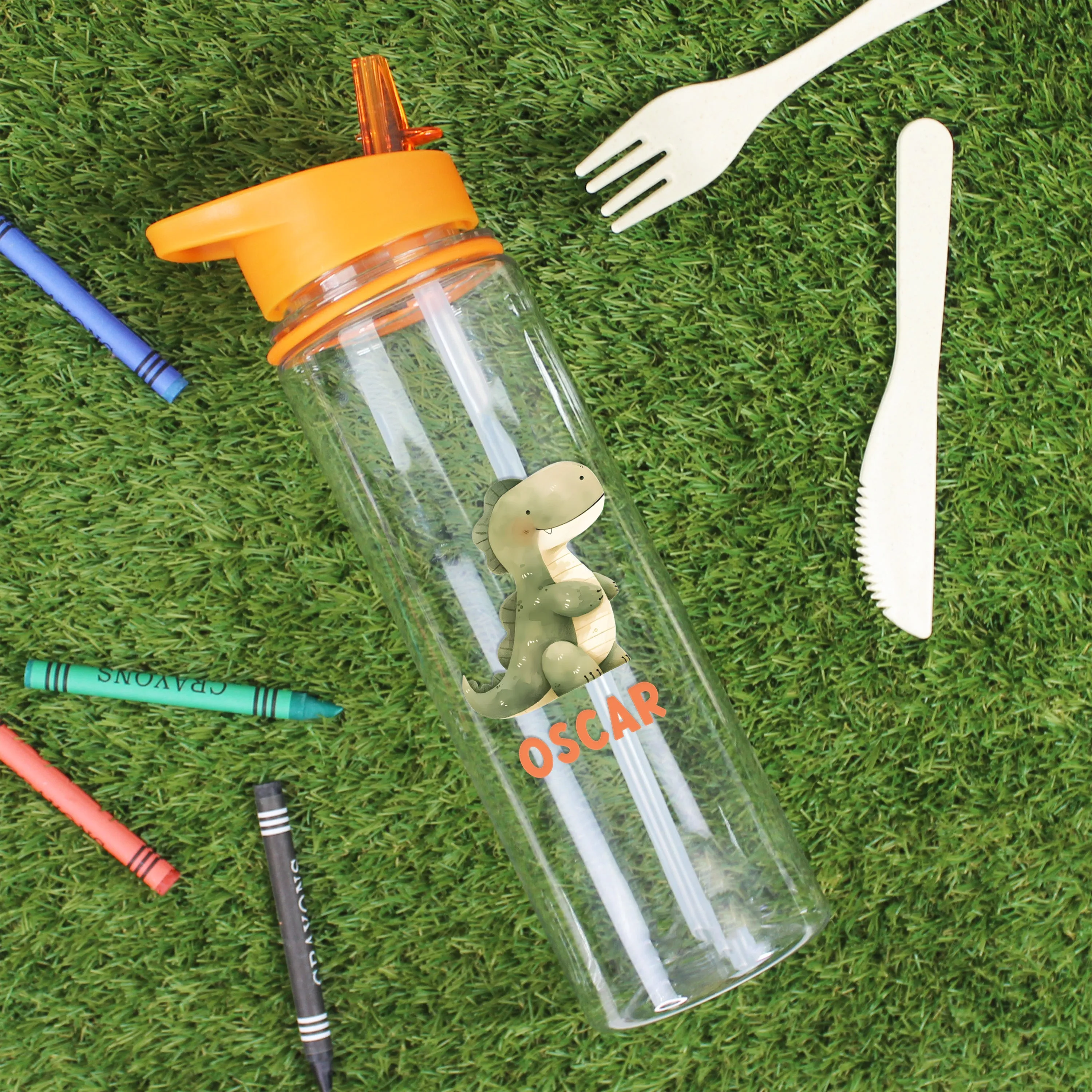 Personalised Children's Dinosaur Flip Straw Water Bottle, 725ml