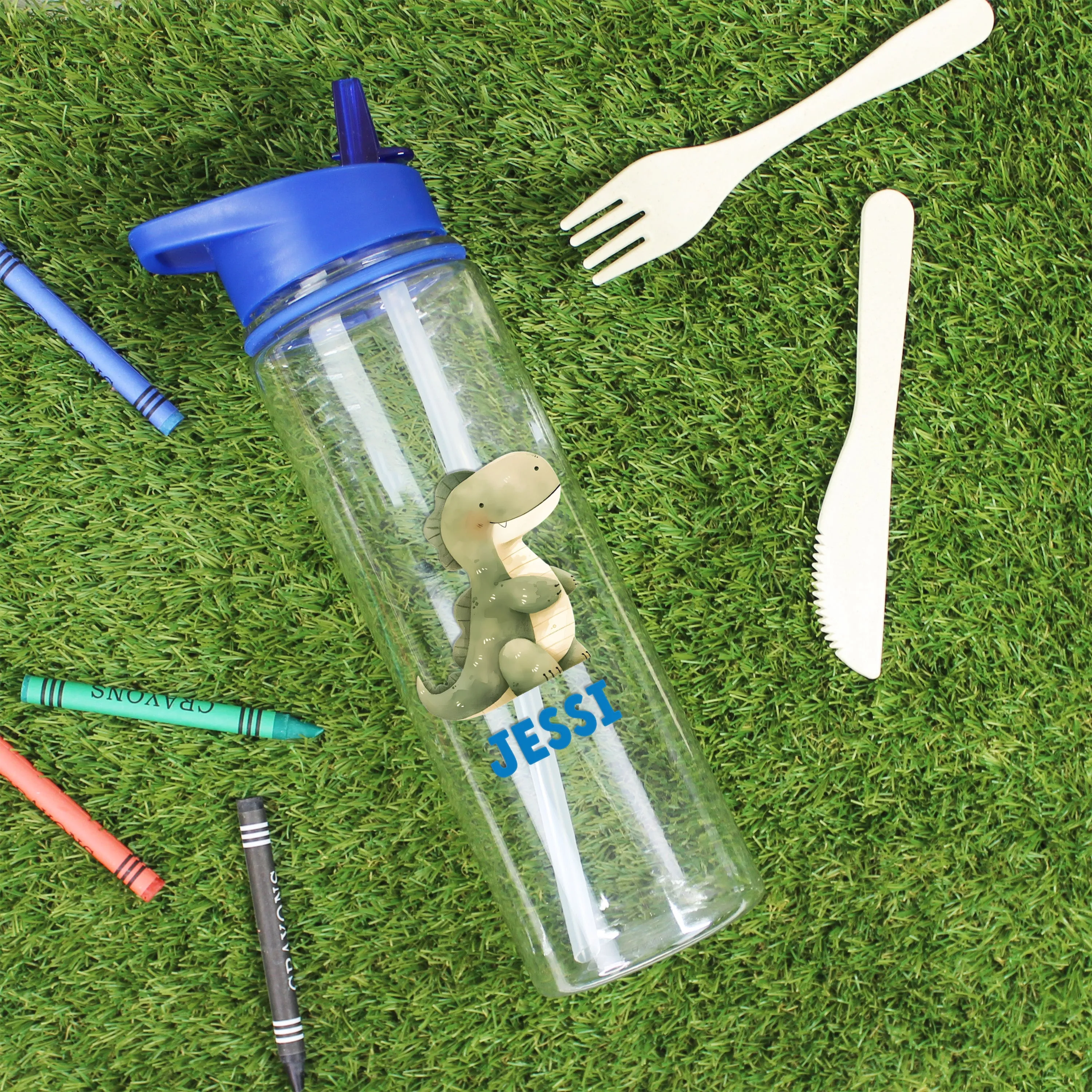 Personalised Children's Dinosaur Flip Straw Water Bottle, 725ml