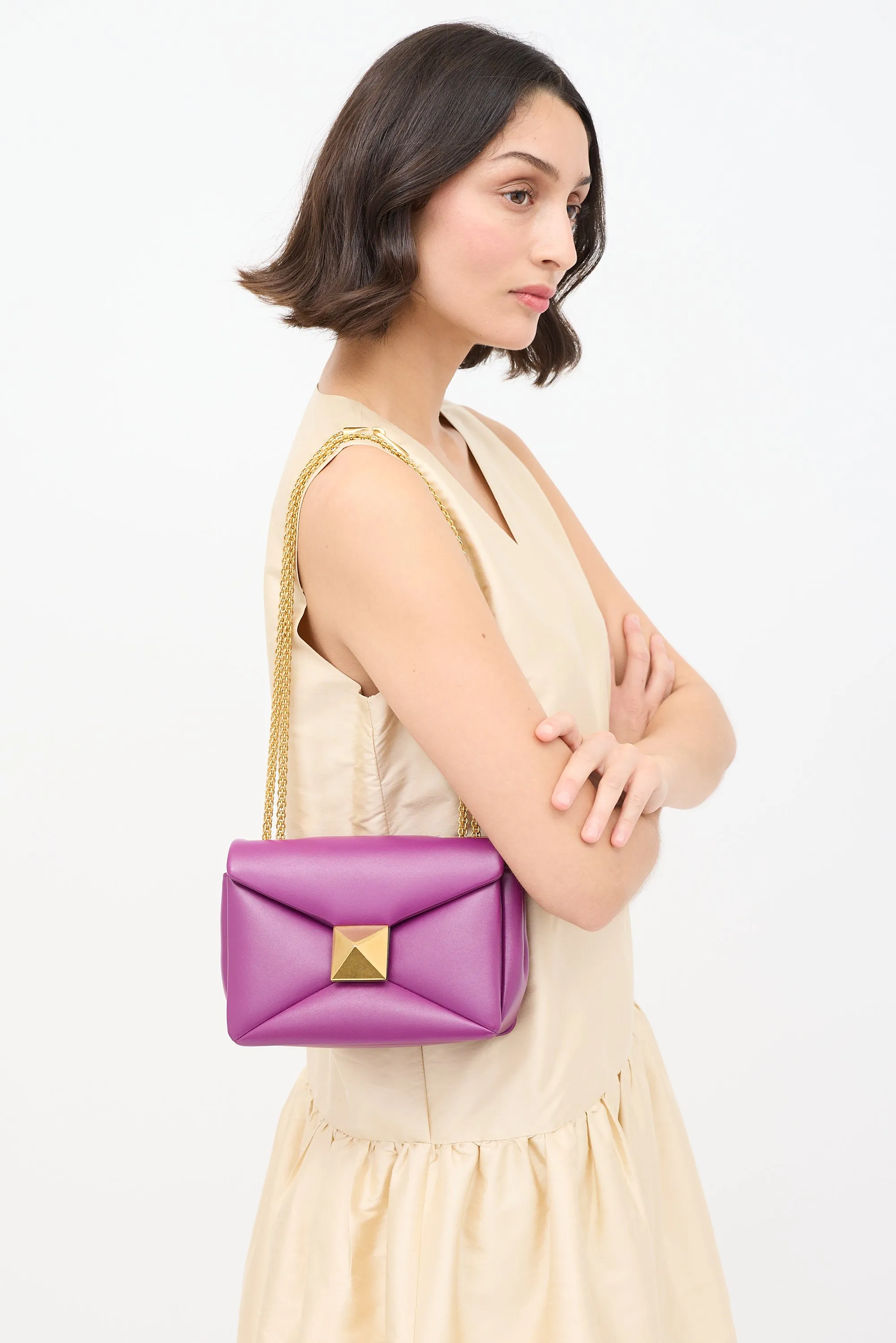 Purple Leather One Stud Flap Shoulder Bag