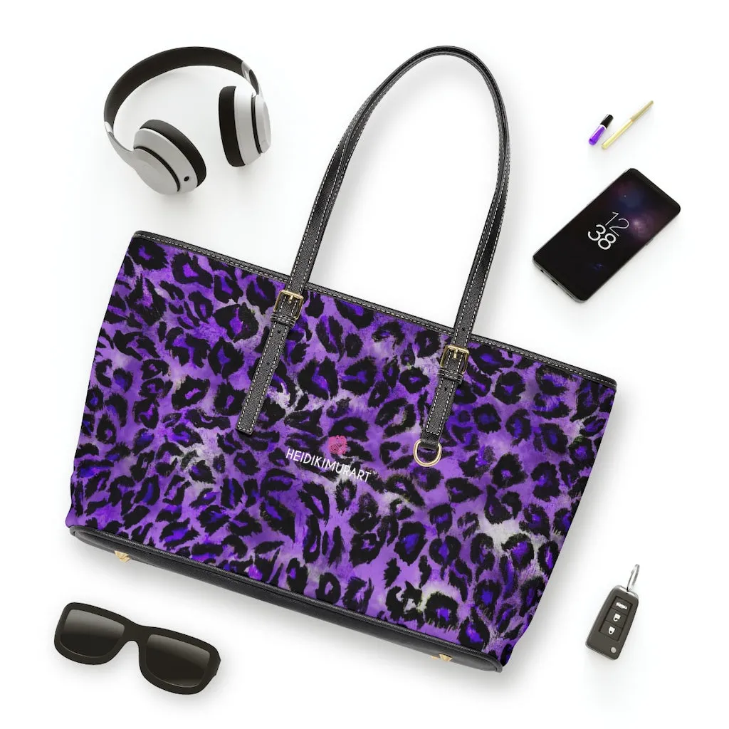 Purple Leopard Print Tote Bag, Leopard Animal Print Best Designer PU Leather Shoulder Bag For Ladies