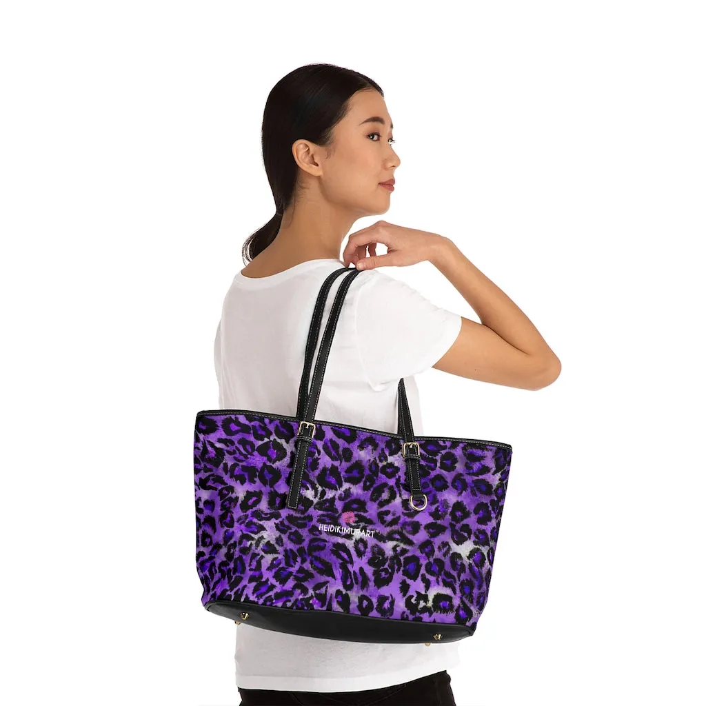 Purple Leopard Print Tote Bag, Leopard Animal Print Best Designer PU Leather Shoulder Bag For Ladies