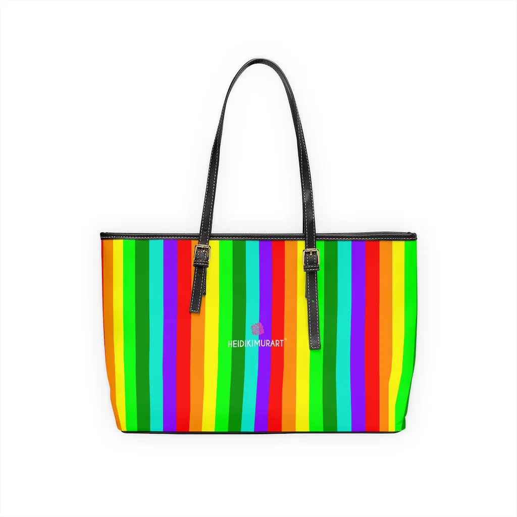 Rainbow Gay Pride Tote Bag, 17"x11"/ 16"x10" Designer Striped PU Leather Shoulder Hand Bag