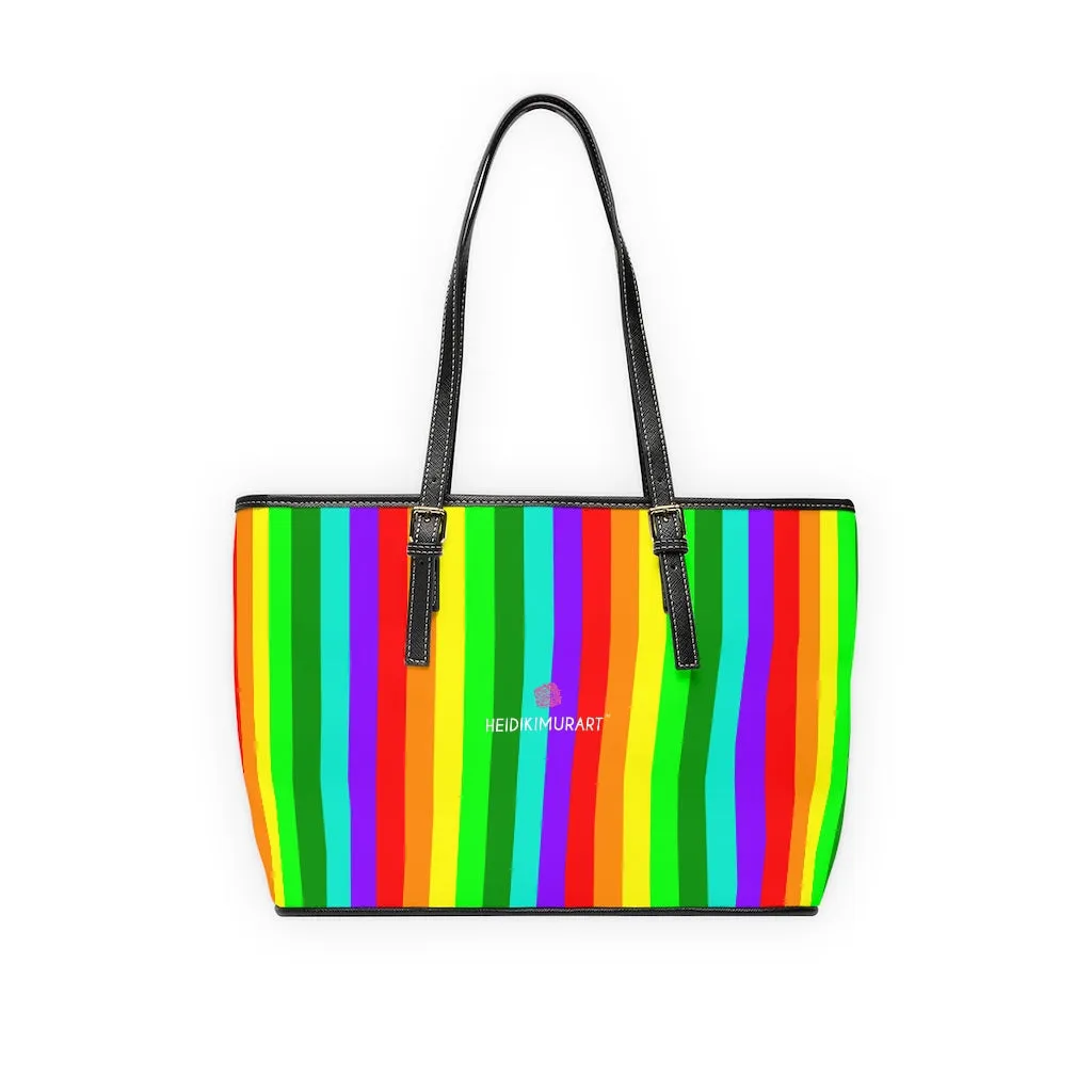 Rainbow Gay Pride Tote Bag, 17"x11"/ 16"x10" Designer Striped PU Leather Shoulder Hand Bag