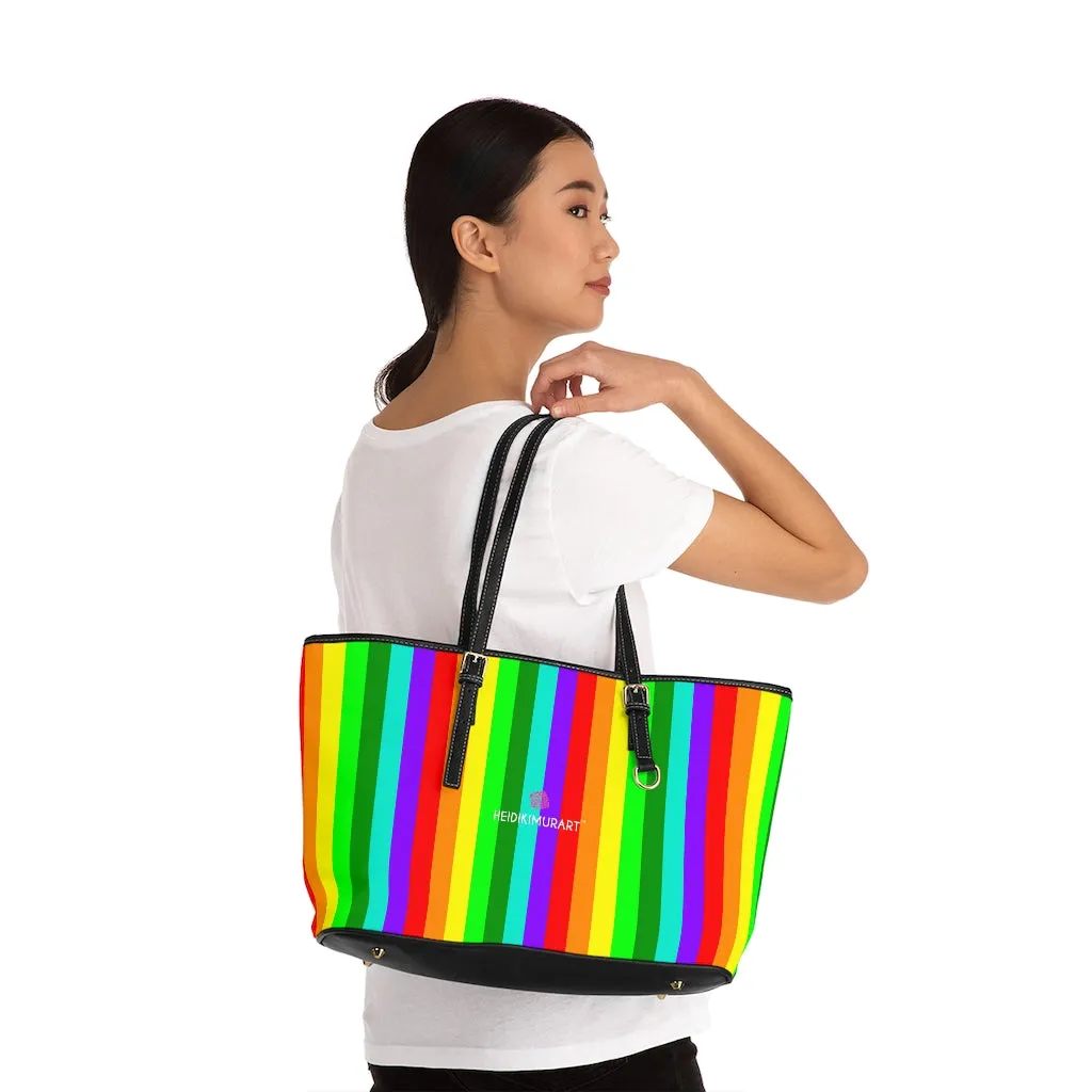 Rainbow Gay Pride Tote Bag, 17"x11"/ 16"x10" Designer Striped PU Leather Shoulder Hand Bag