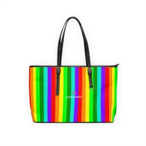 Rainbow Gay Pride Tote Bag, 17"x11"/ 16"x10" Designer Striped PU Leather Shoulder Hand Bag