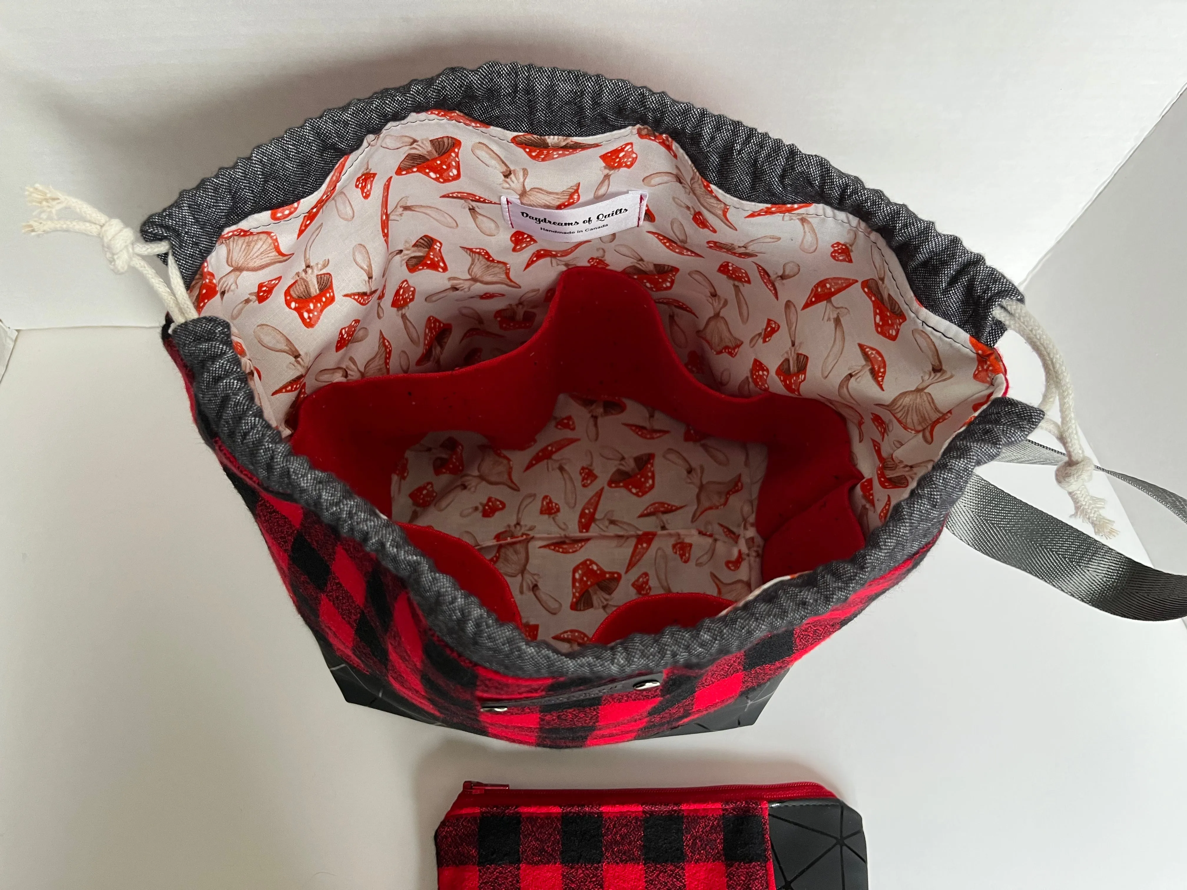 Red Buffalo Plaid Flannel Small Knitting Bag Set, Fall Project Bag, Finch Bucket Bag