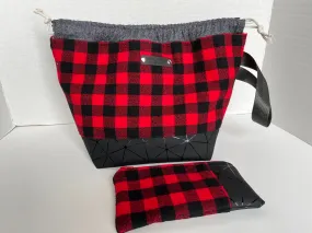 Red Buffalo Plaid Flannel Small Knitting Bag Set, Fall Project Bag, Finch Bucket Bag