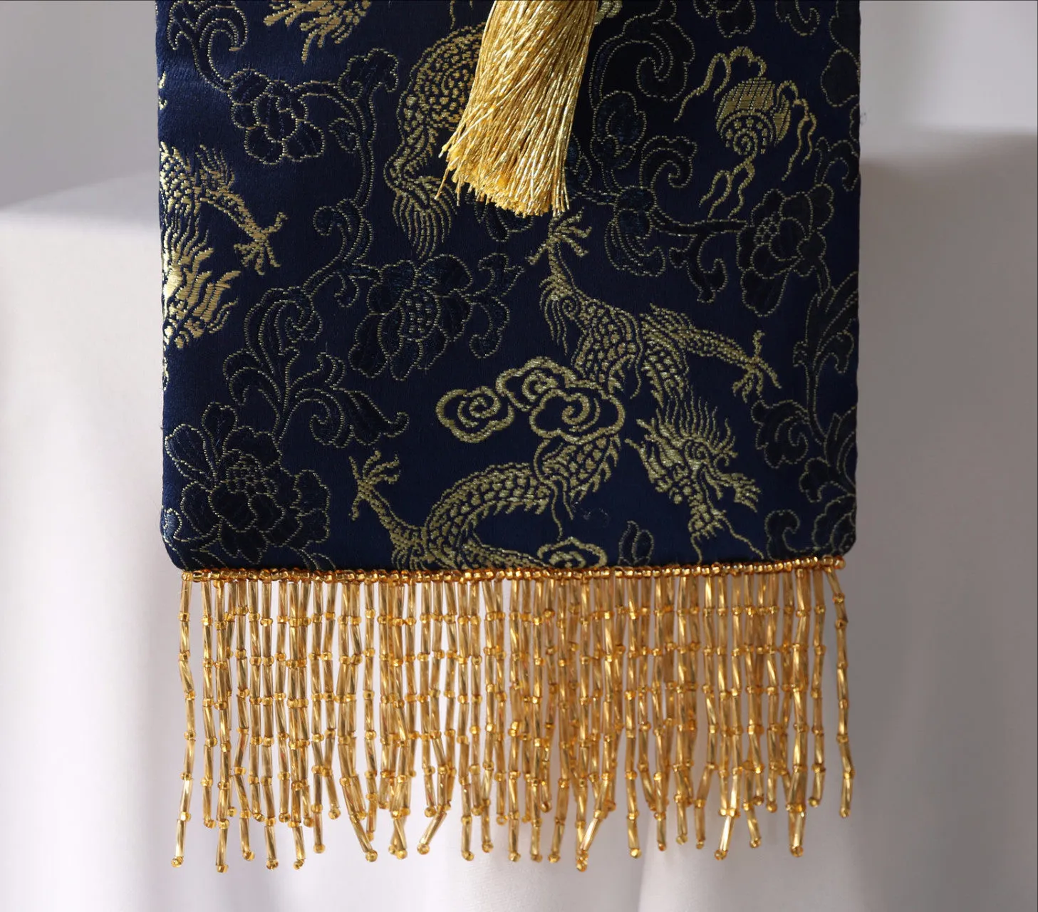 Royal Blue and Gold Chinese Brocade Evening Bag with Beaded Fringe