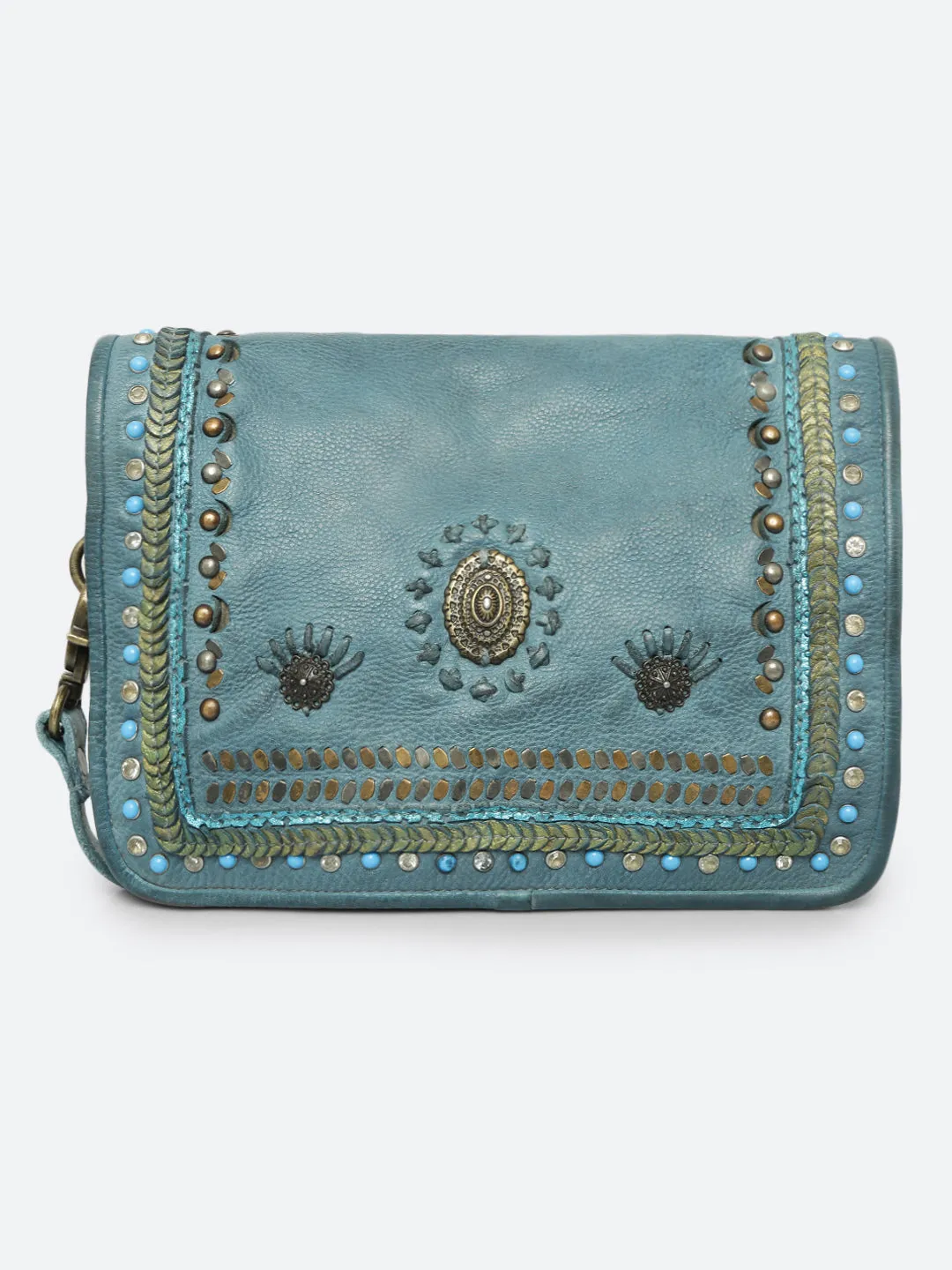 Savio: Embellished Blue Crossbody Flap Bag In Veg Tan Leather