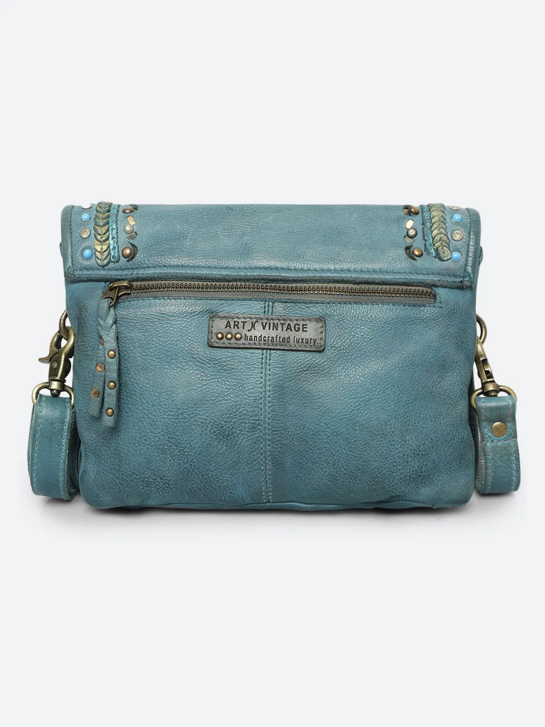 Savio: Embellished Blue Crossbody Flap Bag In Veg Tan Leather